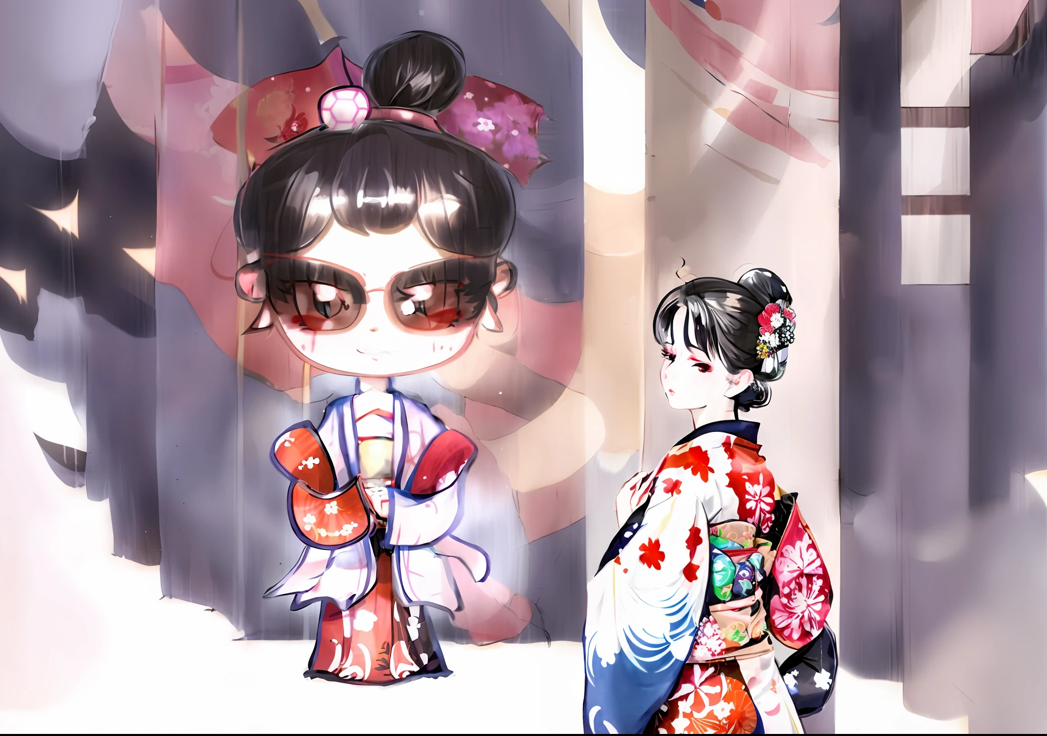 cartoon of a woman in a kimono outfit with a flag in the background, inspired by Takehisa Yumeji, wearing royal kimono, inspired by Watanabe Shōtei, in a kimono, inspired by Tawaraya Sōtatsu, wearing kimono, inspired by Shūbun Tenshō, wearing a kimono, in kimono