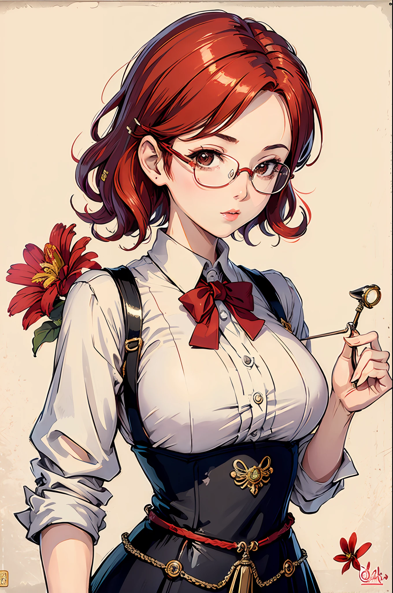 (masterpiece:1.2, best quality), (dinamic lighting) 1lady, solo, short hair, big breasts, (shiny skin:1.2), upper body, monocle, glasses, modern, wavy red hair,Suspenders, flower on ear, harajuku style, hair pin