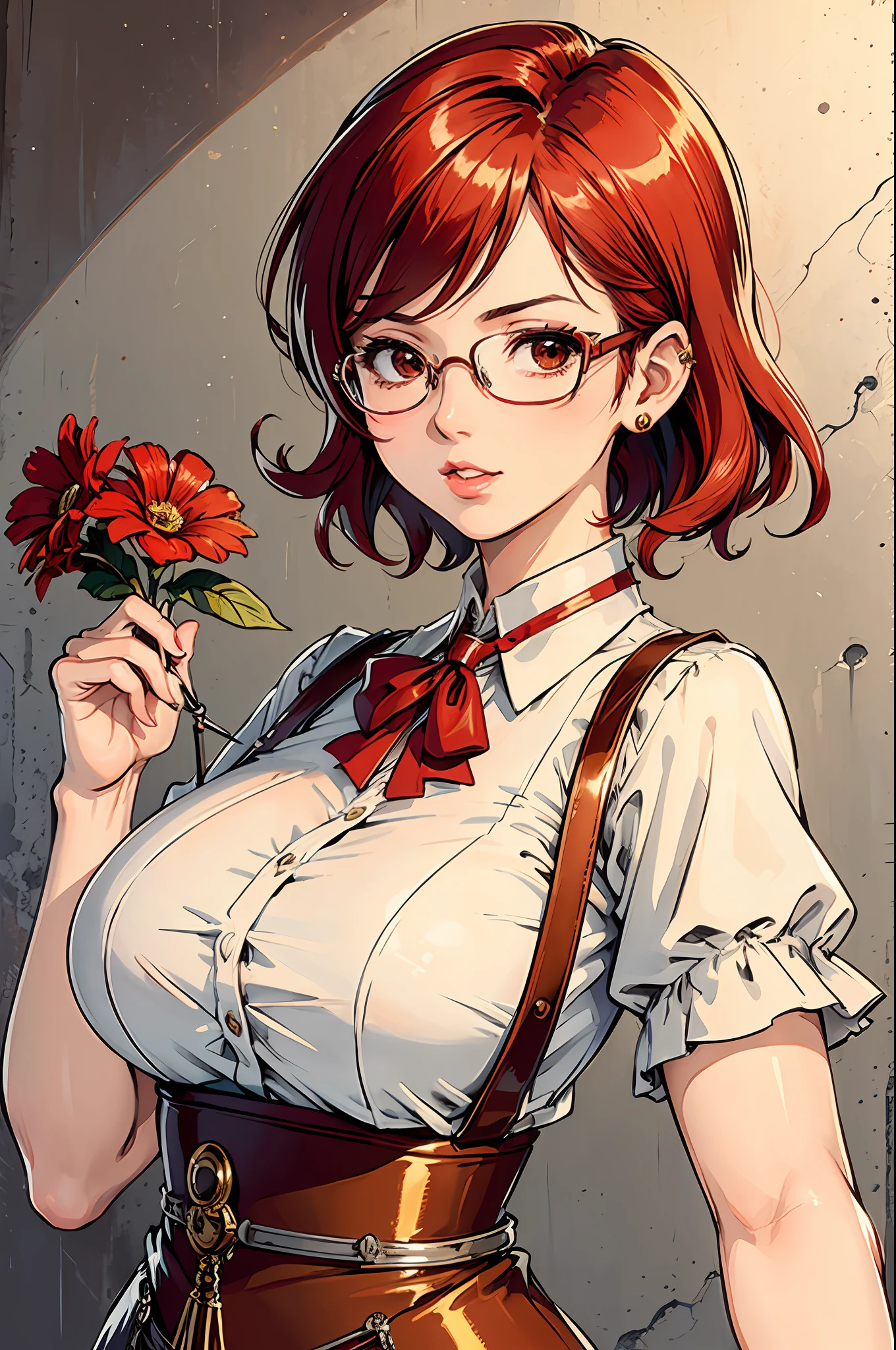 (masterpiece:1.2, best quality), (dinamic lighting) 1lady, solo, short hair, big breasts, (shiny skin:1.2), upper body, monocle, glasses, modern, wavy red hair,Suspenders, flower on ear, harajuku style, hair pin