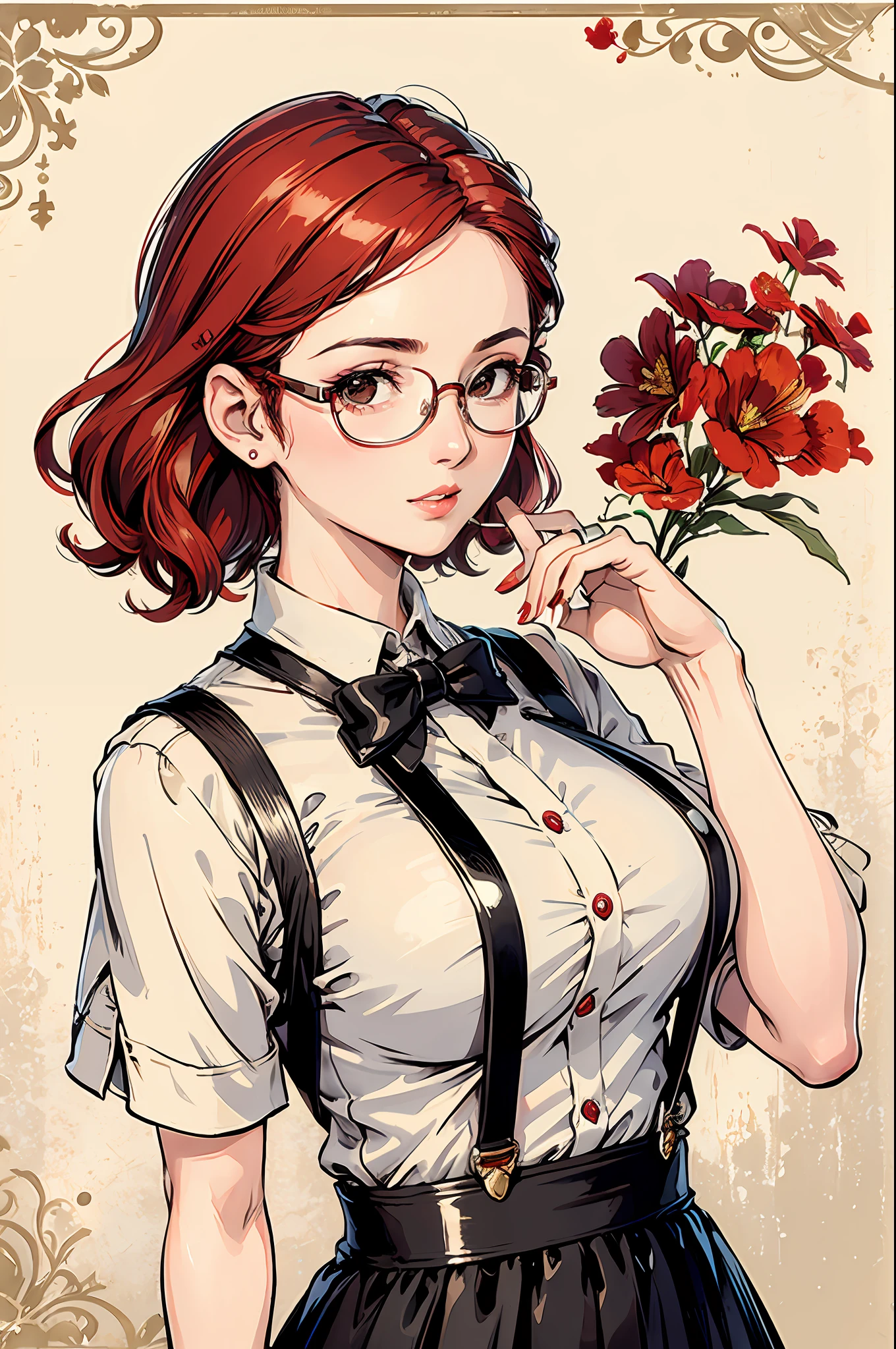 (masterpiece:1.2, best quality), (dinamic lighting) 1lady, solo, short hair, big breasts, (shiny skin:1.2), upper body, monocle, glasses, modern, wavy red hair,Suspenders, flower on ear, harajuku style, hair pin