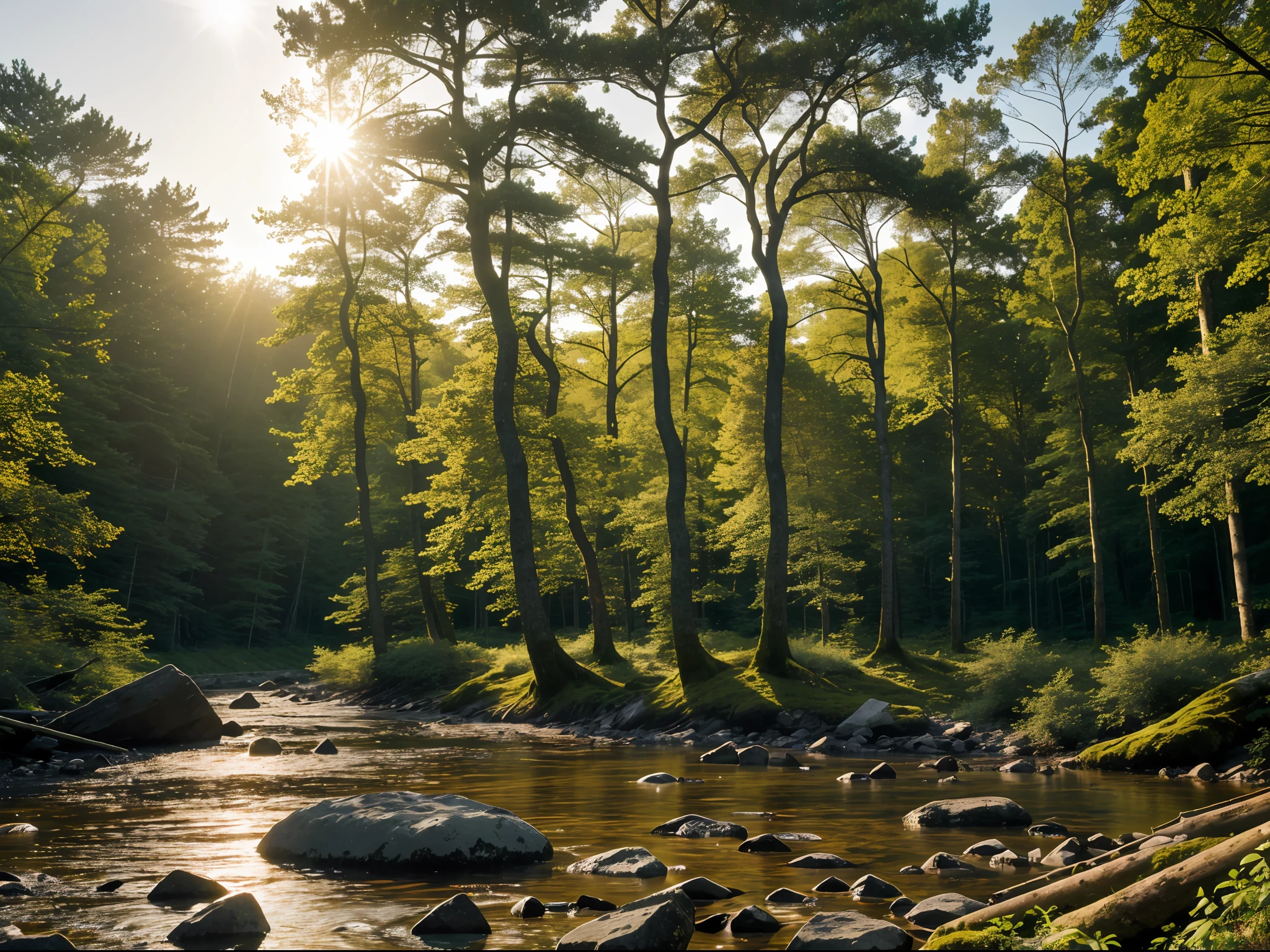 masterpiece_portrait,(best quality:1.4)),photorealistic,(ultra high res),(detailed lighting:1.2),(cinematic lighting:1.1),realistic,intricate_details, finely_detailed,8K Ultra High Definition,wide shot,Tranquil forest stream flowing through a peaceful woodland,Forest at sunset, with vibrant hues painting the sky and foliage,Solitary Watch: A lone tree standing tall amidst a sea of dense forest. The isolated tree becomes a focal point, symbolizing strength and resilience in the face of solitude.,Eternal Guardians: A forest landscape with ancient trees that bear scars and weathered marks, representing the passage of time and the resilience of nature. The scene pays homage to the enduring spirit of the forest.,