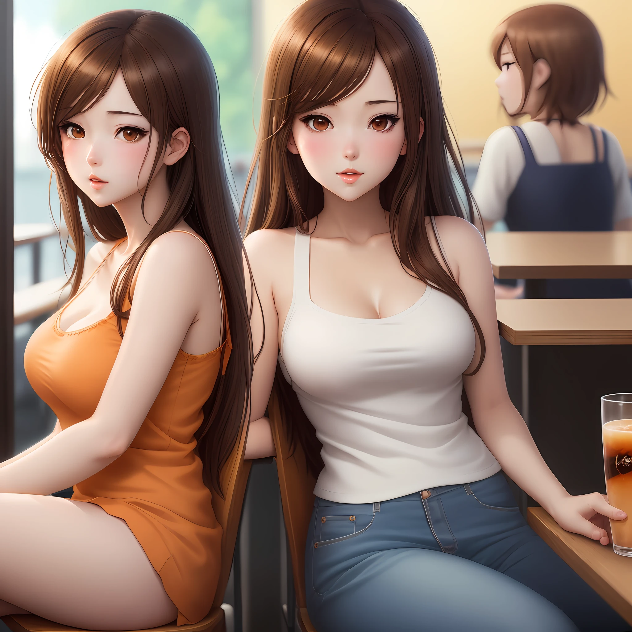 anime girl in orange top sitting on a blue chair with a banana in a cafe, ecchi, sfw, sucking banana, smooth anime cg art, beautiful anime girl, beautiful anime woman, attractive anime girl, photorealistic anime girl render, artgerm and atey ghailan, beautiful anime portrait, realistic anime artstyle, beautiful alluring anime woman, digital anime art, portrait anime girl, brown hair, brown eyes, sensual,