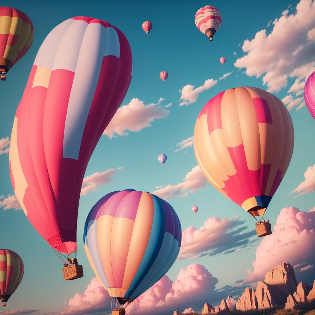 (8k, RAW photo, best quality, highres:1.2), hot air balloon, sky, pink, cute, flat wind