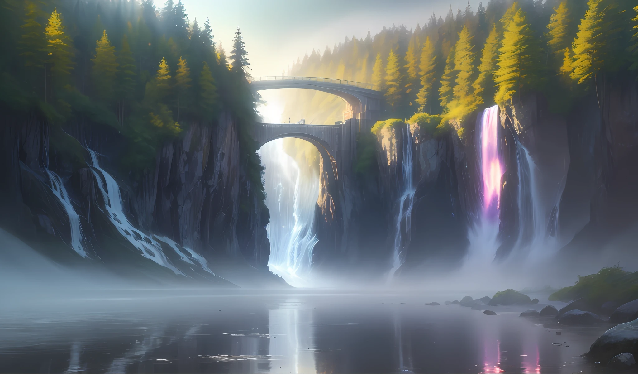 Style, ChromaV5, nvinkpunk, (extremely detailed 8k CG unit wallpaper), an image of a majestic river, trees on the sides, small waterfall, intense fog, award-winning photography, chromatic aberration, detailed, HDR, Bloom, Monet style, Pissarro and Sisley, trend at ArtStation, trend at CGSociety, midjourney art