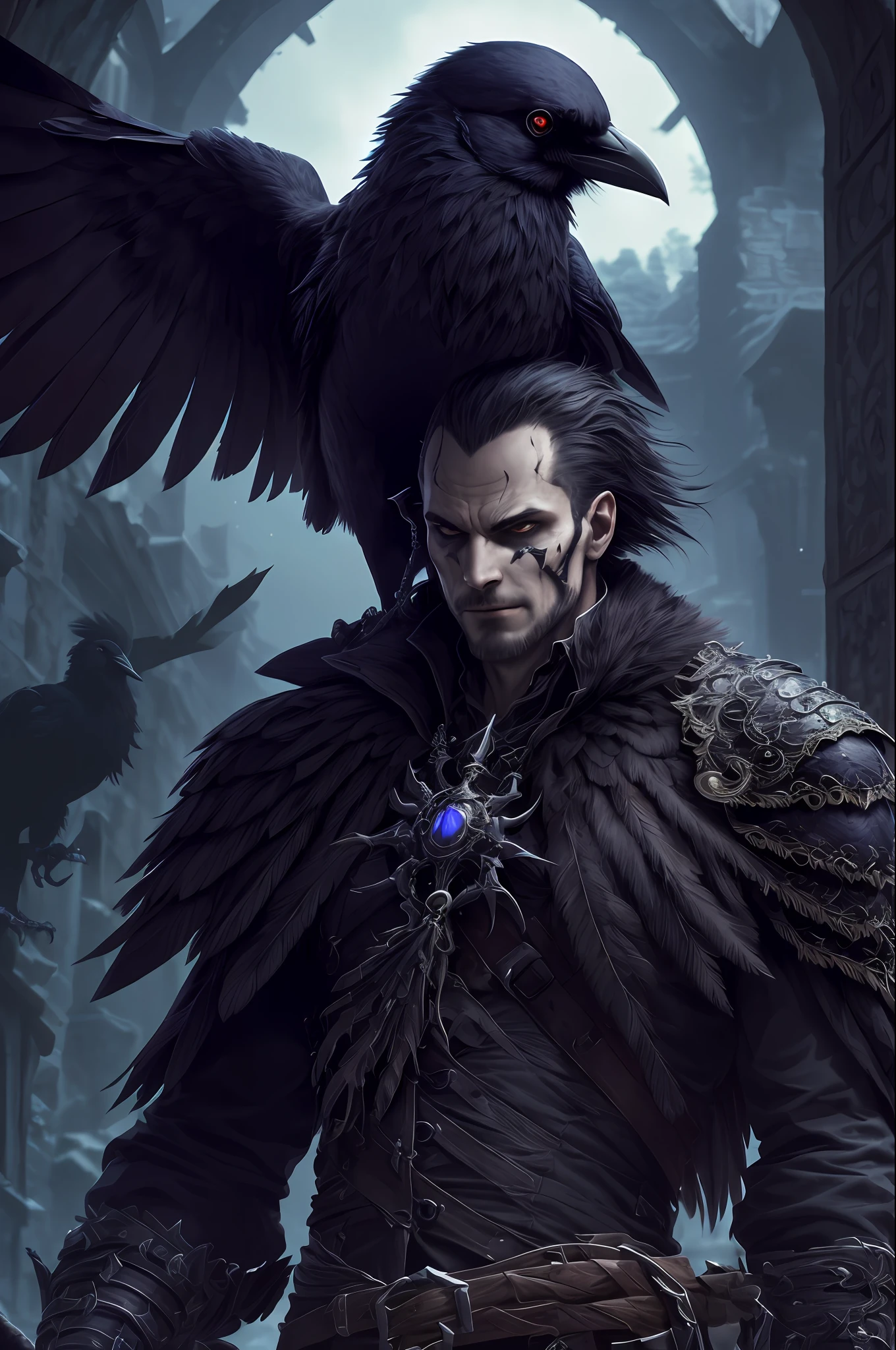 (extremely detailed 8k wallpaper), a medium-shot shot shot of a fearful, intricate, high-detail, dramatic necromancer with a crow on his shoulder
