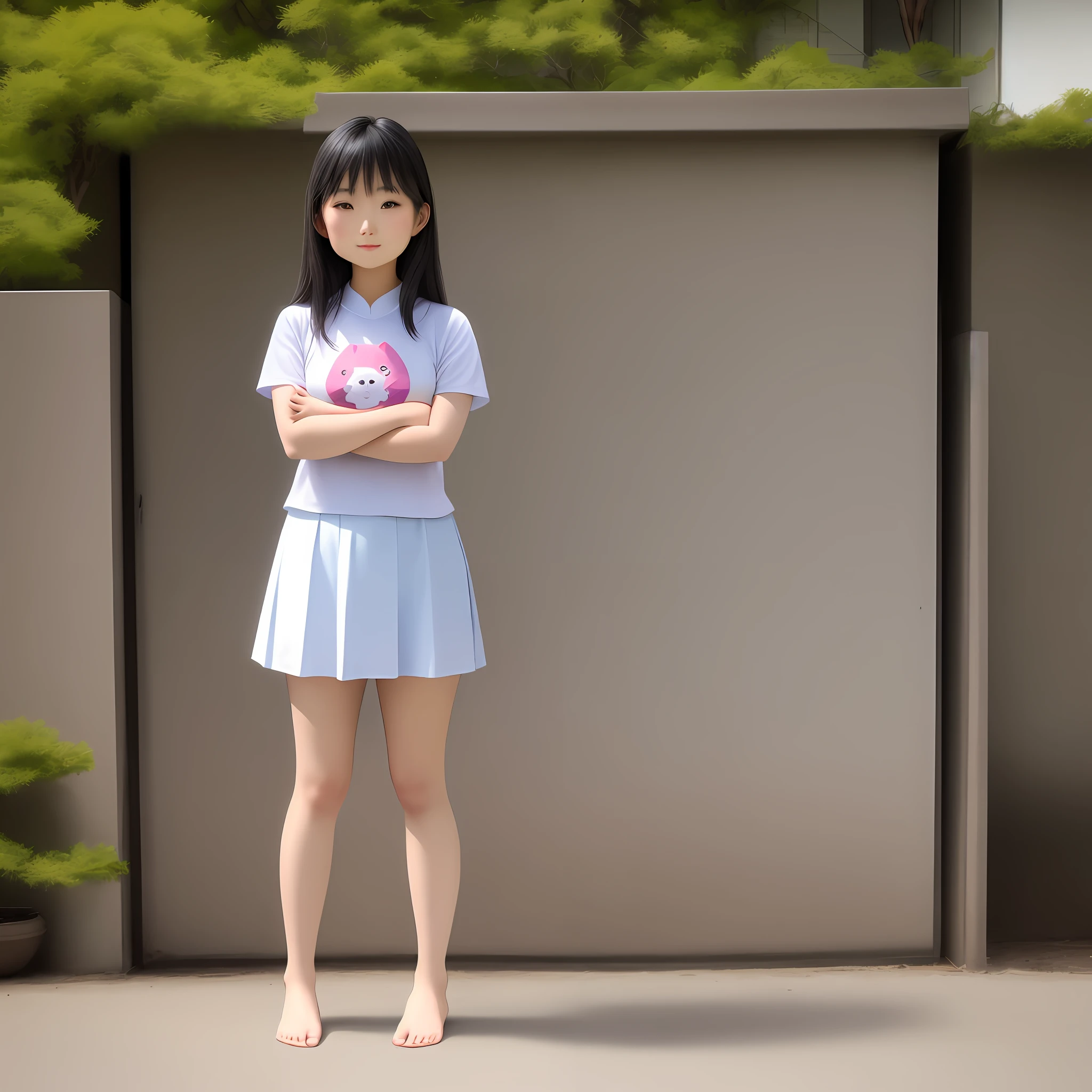 It creates for me an Asian girl standing, showing off her whole body, feet and legs, in composed and decent clothing.