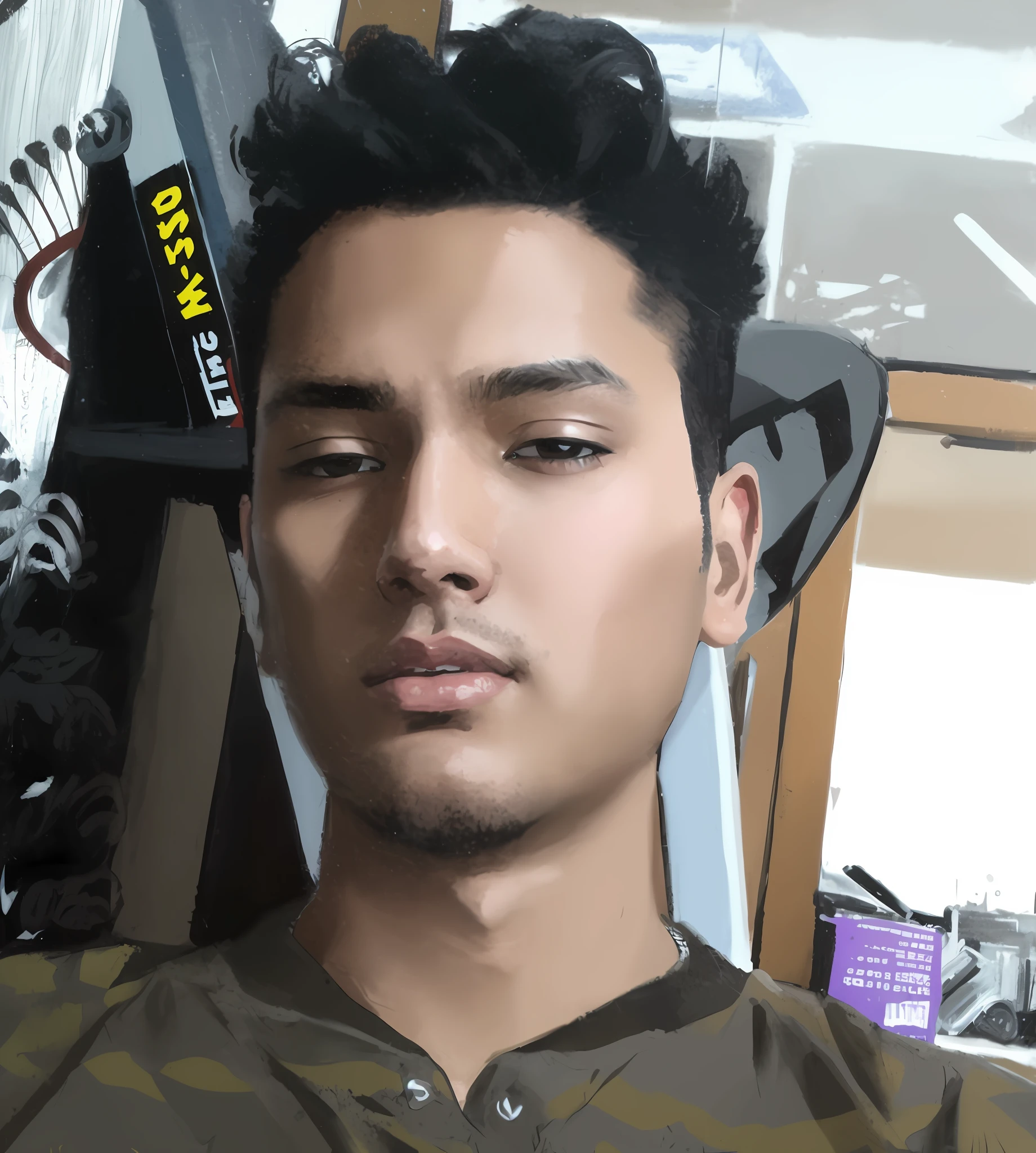 arafed man with a black haircut and a brown shirt, with accurate face, around 1 9 years old, face picture, without helmet, clean shaven face, mildly scarred on his face, without beard, with round face, selfie photo, very very very beautifull face, with a bruised face and bruises, front profile!!!!, very detailled face,portrait, minimalism, bold colors, sharply detailed, highly stylized anime illustration, hyper - detailed illustrations, modern, vibrant colors, ultra detailed, acrylic painting, trending on fanbox pixiv, palette knife and brushstrokes, Makoto Shinkai style jamie wit james gillyard edward hopper gregg rutkowski studio ghibli genshin influence, low poly, isometric art, 3d art, high detail, artstation, concept art, behance, ray tracing, smooth, sharp focus, ethereal lighting