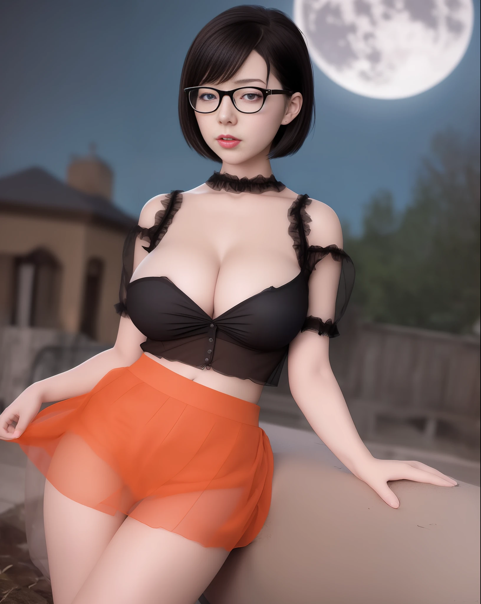Real life anime girl, Velma from Scooby Doll anime, short black hair, orange tulle fabric blouse, very sensual, red high school skirt, posing for photo, large breasts without bra, nude, submissive look, glasses, graveyard only background, night with full moon, (masterpiece, depth of field, wide-angle lens, ultra detailed and realistic photography) movie scene style