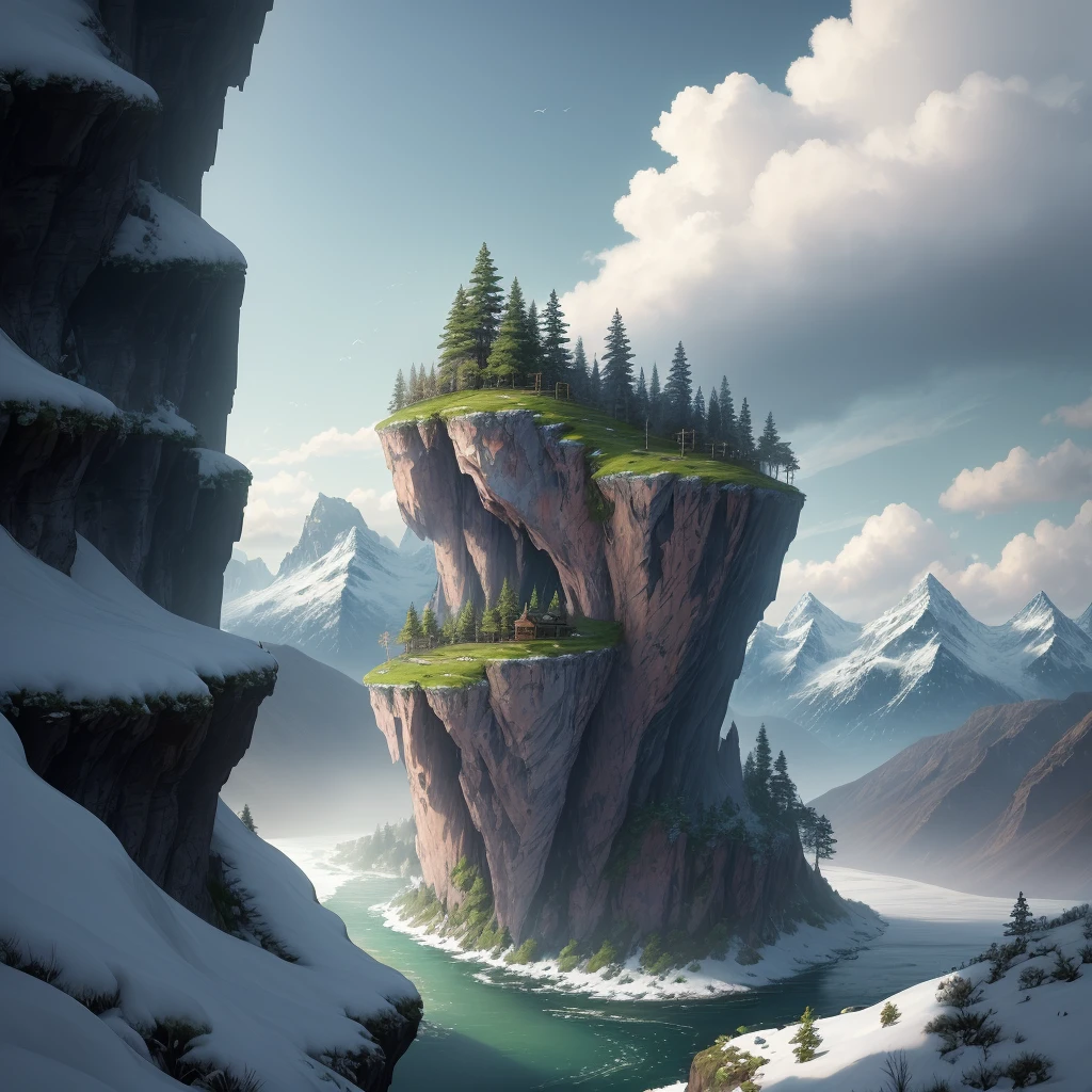 Conceptart, concept art, SamWho, mksks style, green moss, species, overlooking the abyss, mountains, ice, snowwork, best quality, high quality, extremely detailed CG 8k unit wallpaper, scenery, Outdoor, sky, cloud, day, with famous humans, mountain, panorama, water, tree, blue sky, waterfall, cliff, nature, lake, river, cloudy sky, award-winning photography, Bokeh, depth of field, HDR, flower, chromatic aberration, photorealistic, extremely detailed, trend in artstation, trend in CGsociety, intricate, high detail, dramatic, art in the middle of the journey,