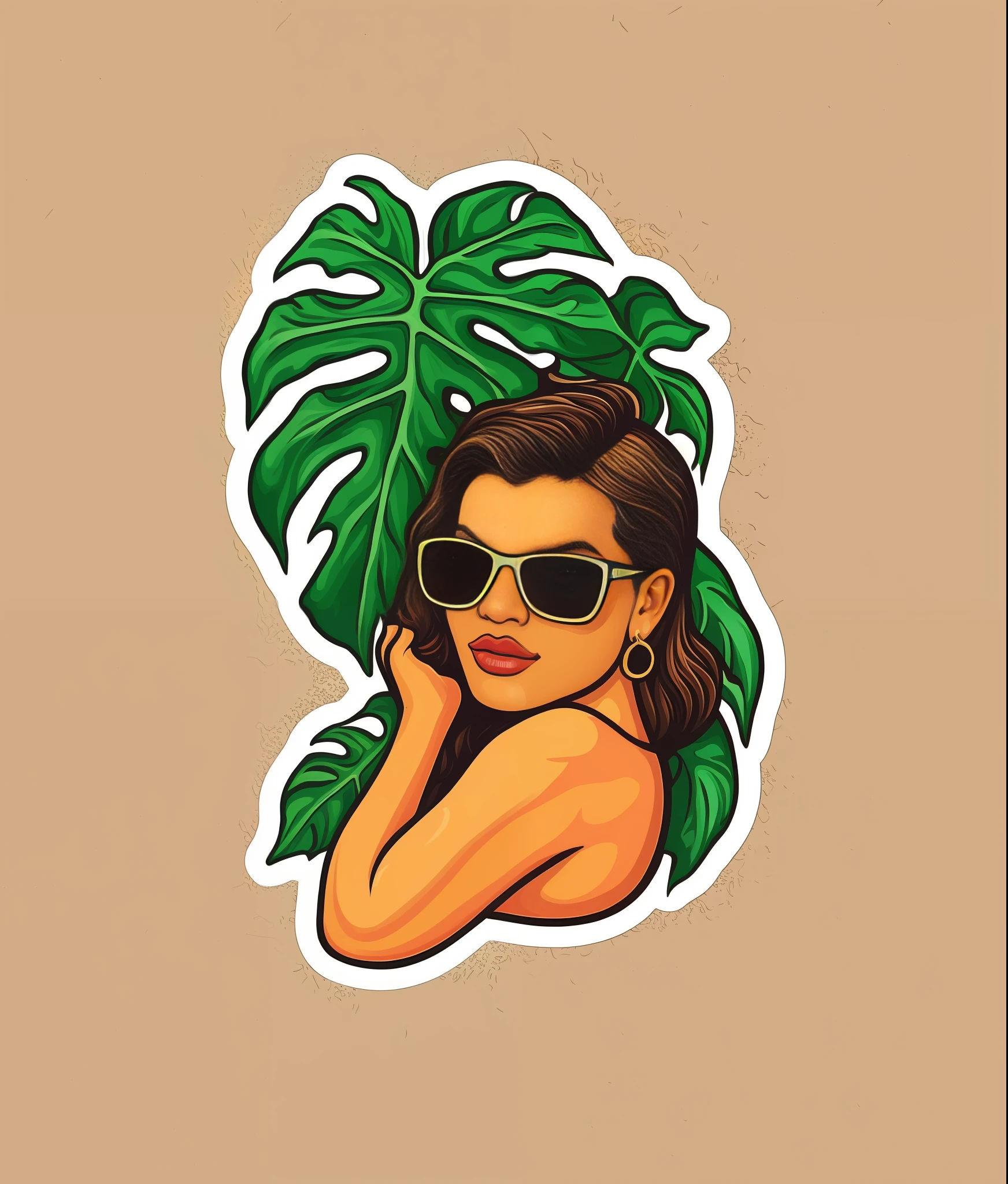 Sexy girl sticker on the beach in the sun, surrounded by sand, water and palm trees