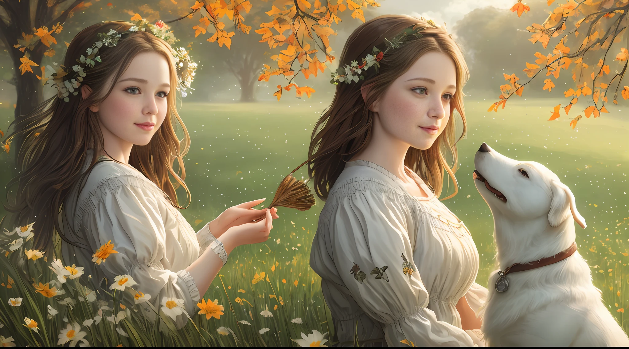 closeup on girl with her white dog, a scene of cheerful and relaxed weather, friendship of human and dog, autumn floral theme, green grass, leaves flying in the wind, masterpiece, magnificent art, with realistic and intricate details, Adobe Illustration, Trending on Atstation, 8K, hd, cinematic, vivid colors, by Daniel Ridgway Knight