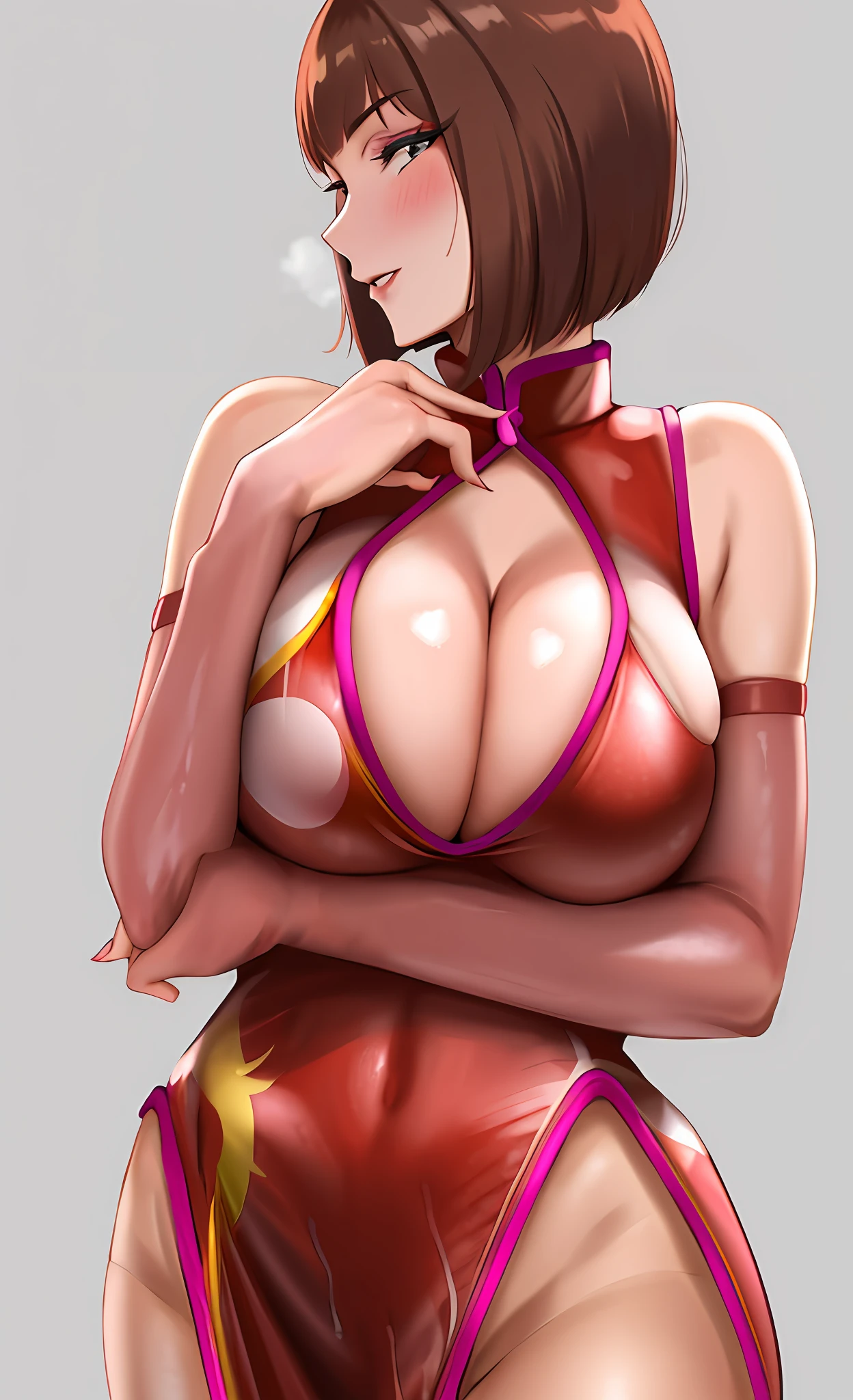 anna williams, underwear, solo, mini bikini, simple background, blush, wet, huge breasts, hands behind
