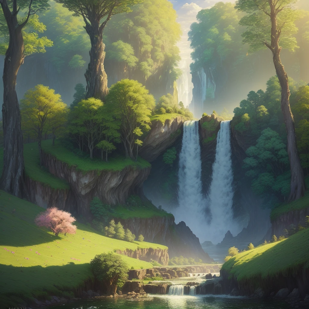 Style, ChromaV5, extremely detailed), an image of a majestic river, hovel, trees on the sides, small waterfall, award-winning photography, chromatic freak, detailed, HDR, Bloom, style of Monet, Pissarro and Sisley, trend at ArtStation, trend at CGSociety, midjourney art