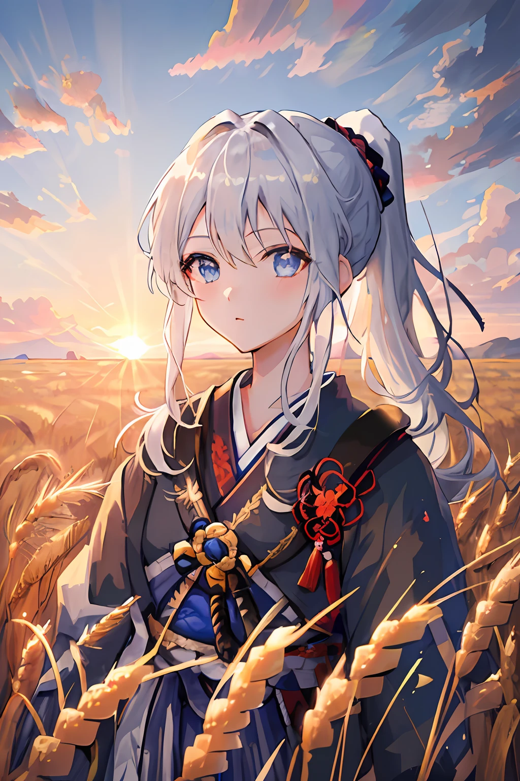 masterpiece, best quality, 1girl, portrait, white hair, ponytail, blue eyes, samurai, wheat landscape, sun, clouds, (neutral colors), (hdr:1.4)