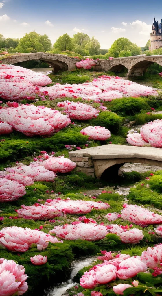 Magnificent, HD, 8k, peony in bloom, garden, creek, bridge, castle