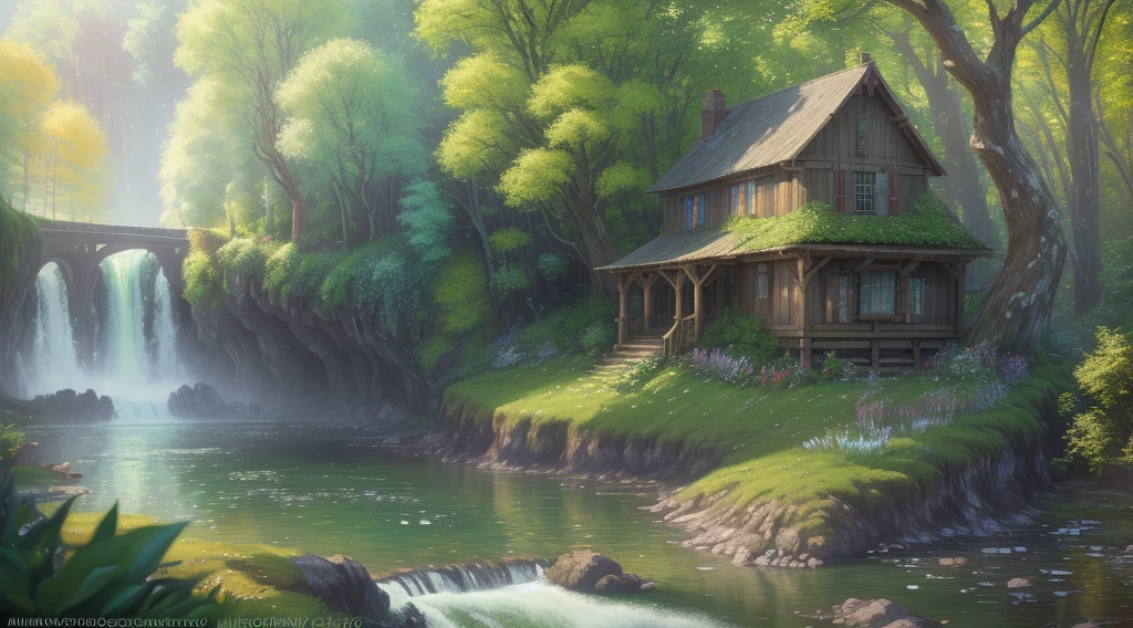 Style, ChromaV5, extremely detailed), an image of a majestic river, hovel, trees on the sides, small waterfall, award-winning photography, chromatic freak, detailed, HDR, Bloom, style of Monet, Pissarro and Sisley, trend at ArtStation, trend at CGSociety, midjourney art