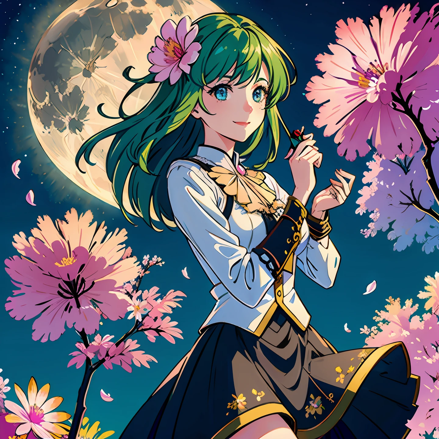 masterpiece, best quality, 1girl, (colorful),(finely detailed beautiful eyes and detailed face),cinematic lighting,bust photo,extremely detailed 8k CG unit wallpaper,solo,smile,intricate skirt,((flying petal)) ,(flowery meadow) sky, céu_nublado, construction, moonlight, moon, night, (dark theme: 1.3), light, fantasy, girl, green hair