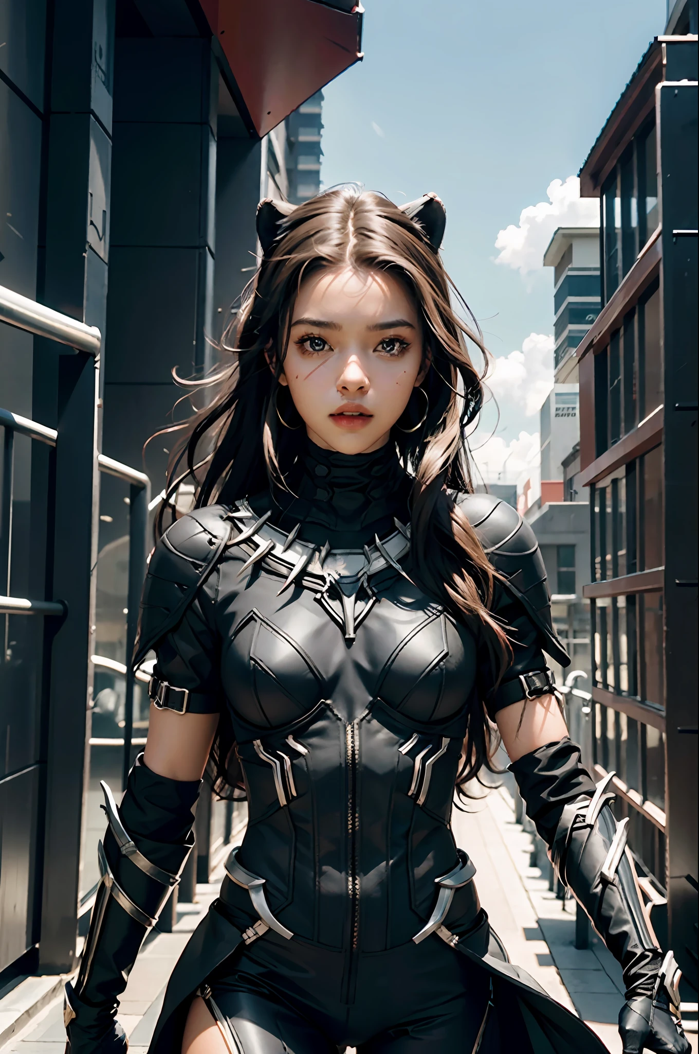 1girl, a 20-girl in a Black Panther costume, standing on the roof of a futuristic building, Black Panther, Dave Dorman, Lee Bermejo, David Fincher, inspired by Dave Dorman, Donato Giancora, Gabriel del Otto, Marvel Concept Art, Wakanda, Jason Fabock, Mike Diodato, Black Panther, Alex Ross, No Text, Best Quality, Masterpiece, Ultra High Resolution, Very Realistic Special Effects (1.4)