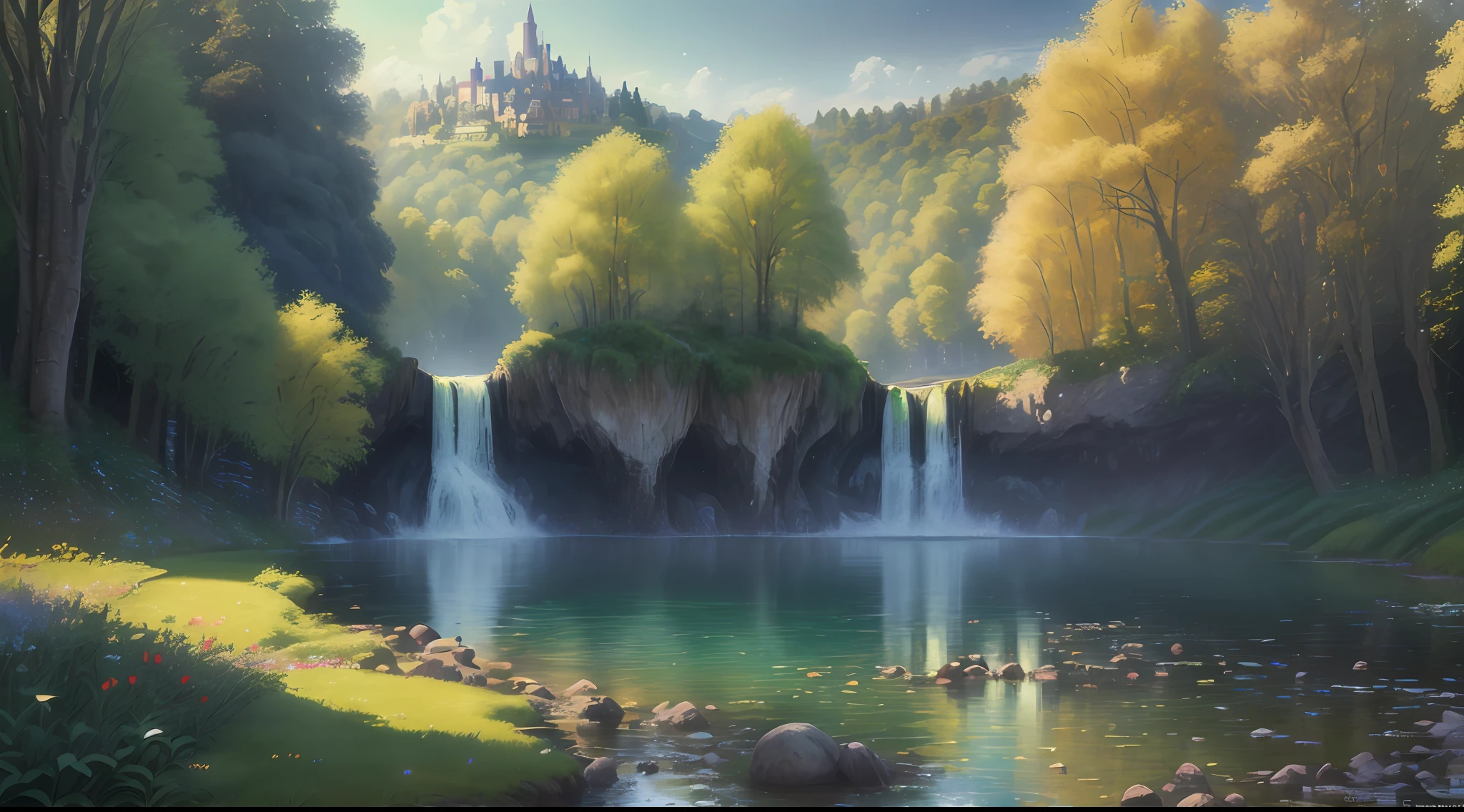 Style, ChromaV5, extremely detailed), an image of a majestic river, hovel, trees on the sides, small waterfall, award-winning photography, chromatic freak, detailed, HDR, Bloom, style of Monet, Pissarro and Sisley, trend at ArtStation, trend at CGSociety, midjourney art