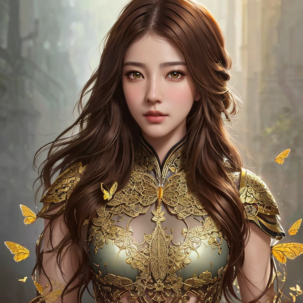 8k portrait of beautiful cyborg with brown hair, intricate, elegant, highly detailed, majestic, digital photography, art by artgerm and ruan jia and greg rutkowski surreal painting gold butterfly filigree, broken glass, (masterpiece, sidelighting, finely detailed beautiful eyes: 1.2), hdr,