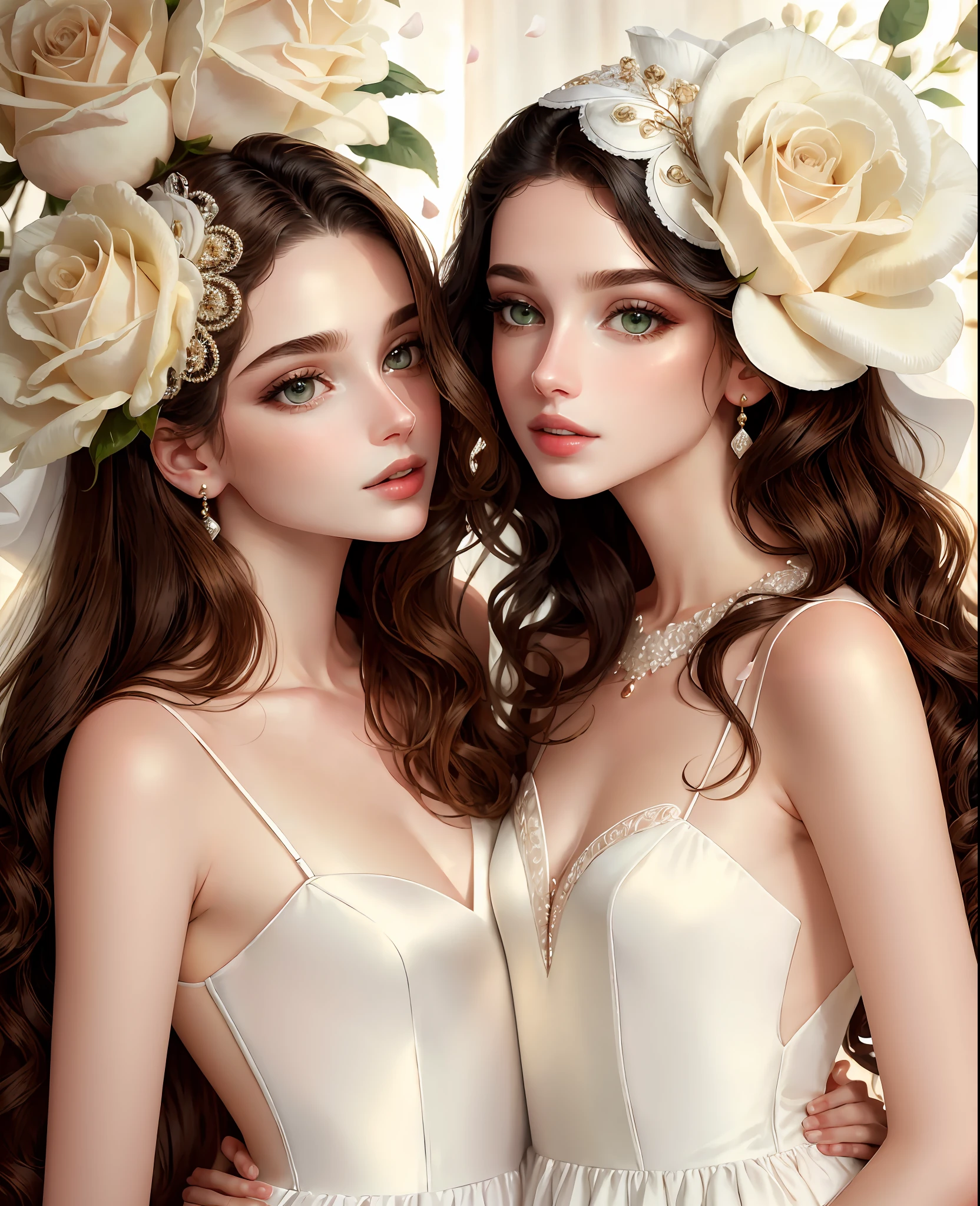 A men's fashion session, women's, masterpiece, of the highest quality, (perfect face: 1.1), (high detail: 1.1), (highly detailed eyes: 1.1). romantic, dramatic, (pale skin), long curly brown hair, green eyes, brown eyebrows, long black hair, straight and fringed, black hair, yellow eyes, white luxury suit, white dress, full lips, skin, luxurious detailed background, soft lighting, rose petals, two girls in love