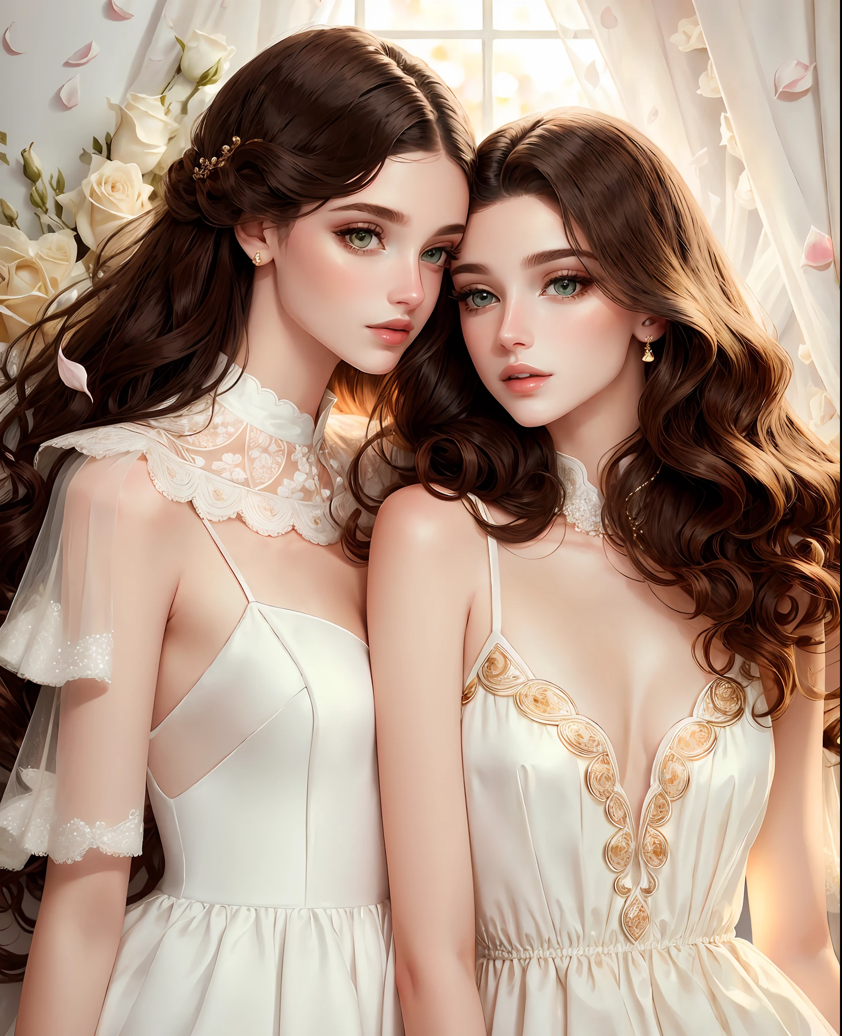 A men's fashion session, women's, masterpiece, of the highest quality, (perfect face: 1.1), (high detail: 1.1), (highly detailed eyes: 1.1). romantic, dramatic, (pale skin), long curly brown hair, green eyes, brown eyebrows, long black hair, straight and fringed, black hair, yellow eyes, white luxury suit, white dress, full lips, skin, luxurious detailed background, soft lighting, rose petals, two girls in love