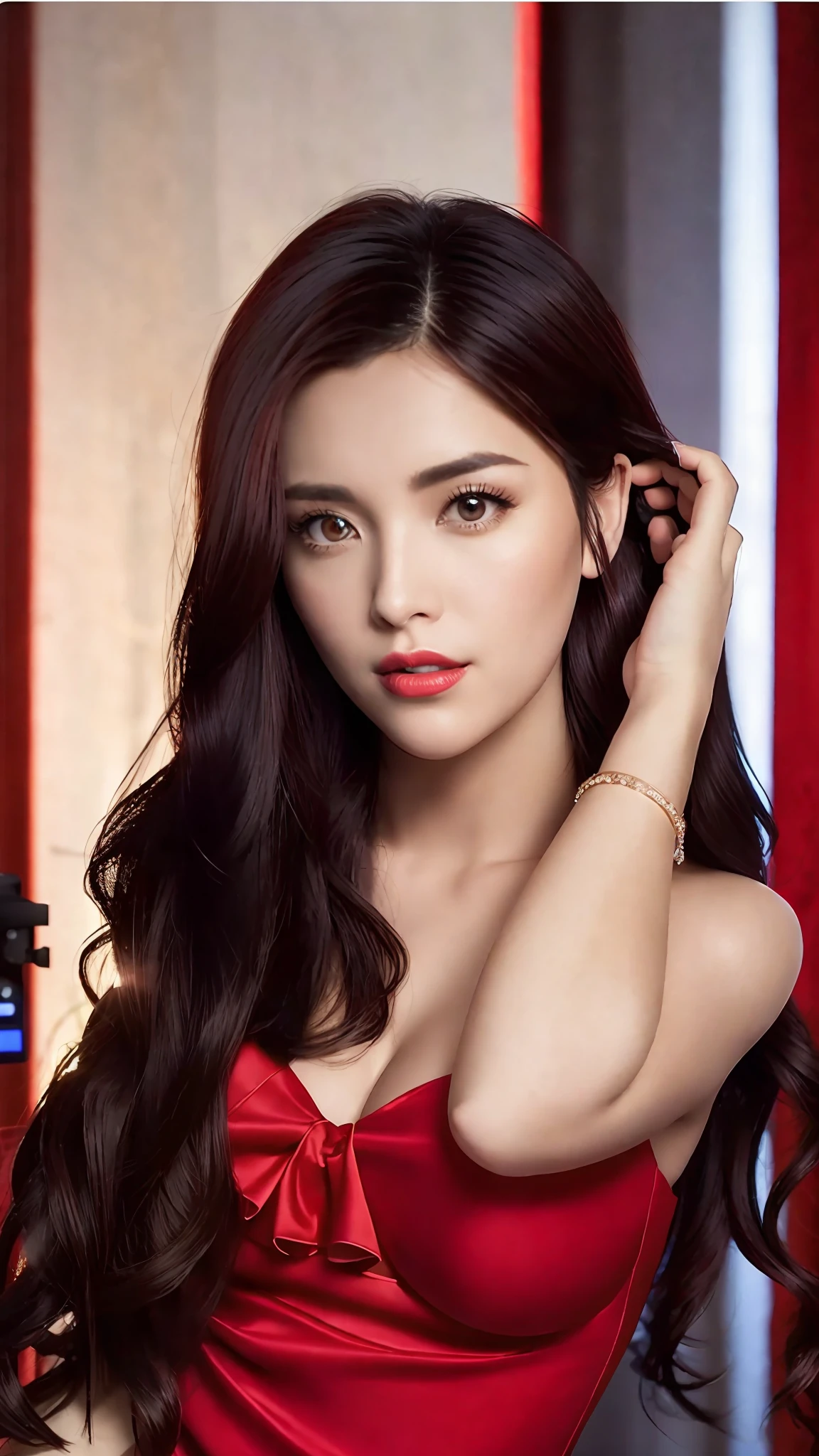 close-up of woman in red dress posing for photo,  
Behind the scenes is the backlight, highest quality, realistic, maximum clarity, very fine detail, 8k, high quality, high quality, and more.