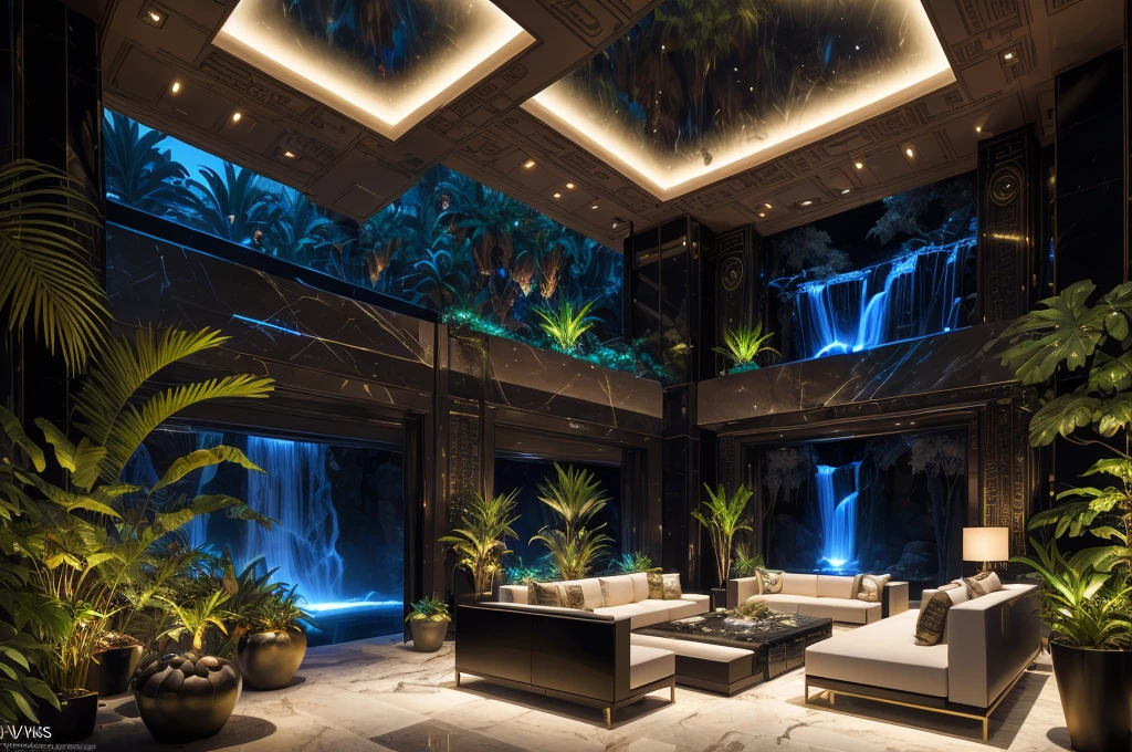 incredible black luxurious futuristic living room interior in Ancient Egyptian style with many (((lush plants))) (lotus flowers), ((palm trees)), rocky walls, (egyptian hieroglyphs and ornaments), ((sand)), ((waterfalls)), (marble), ((precious minerals)), ((metals)), (gemstones), crystals, clouds and ((water)), futuristic luxury furniture, crocodiles, (((ultra luxury))), (black marble) – with ((beautiful lights)), Unreal Engine, HQ, 16k