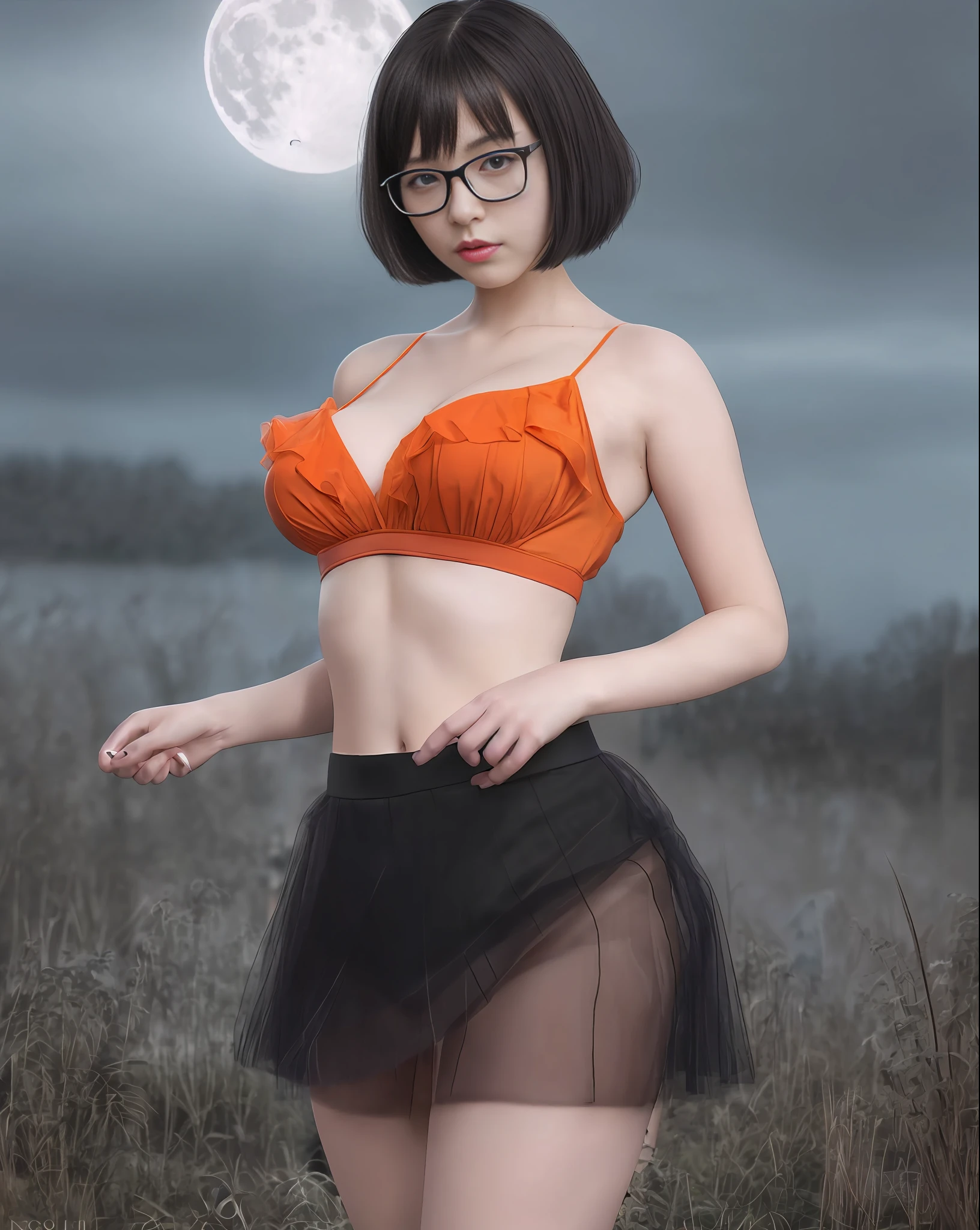 Real life anime girl, Velma from Scooby Doo anime, short black hair, orange tulle fabric blouse, very sensual, red high school skirt, posing for photo, large breasts without bra, submissive look, glasses, graveyard only background, cloudy night, climate of terror, suspense, full moon, (masterpiece, natural lighting, depth of field, wide-angle lens, ultra detailed and realistic photography) realistic style