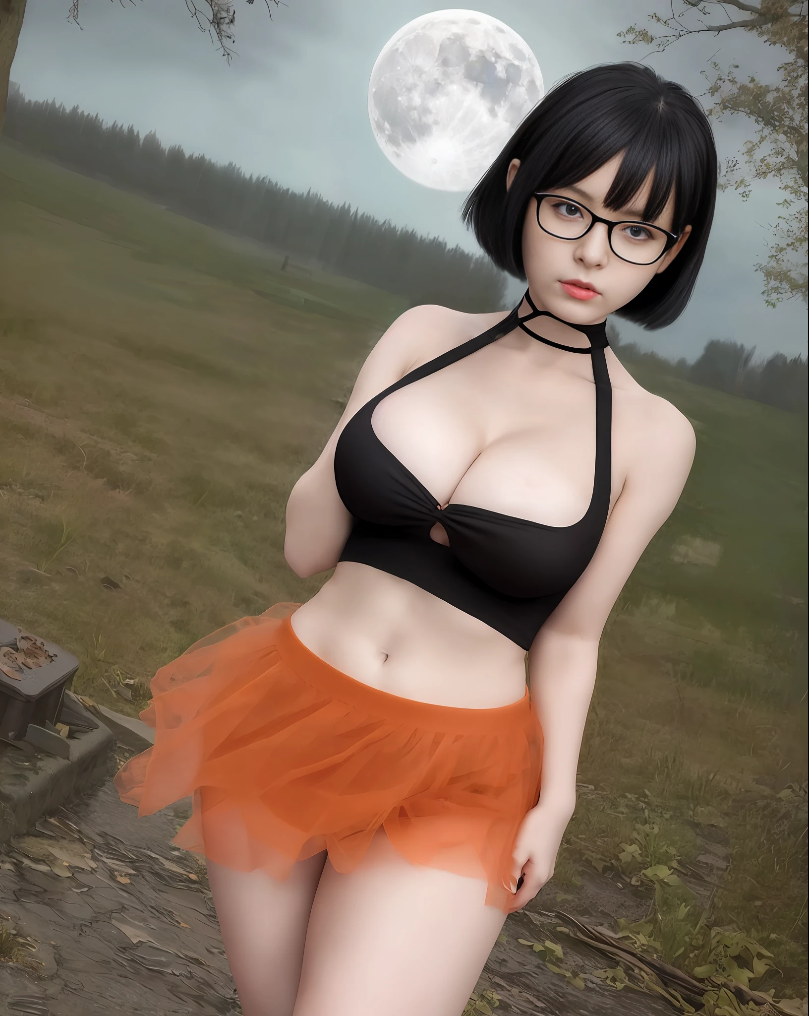 Real life anime girl, Velma from Scooby Doo anime, short black hair, orange tulle fabric blouse, very sensual, red high school skirt, posing for photo, large breasts without bra, submissive look, glasses, graveyard only background, cloudy night, climate of terror, suspense, full moon, (masterpiece, natural lighting, depth of field, wide-angle lens, ultra detailed and realistic photography) realistic style