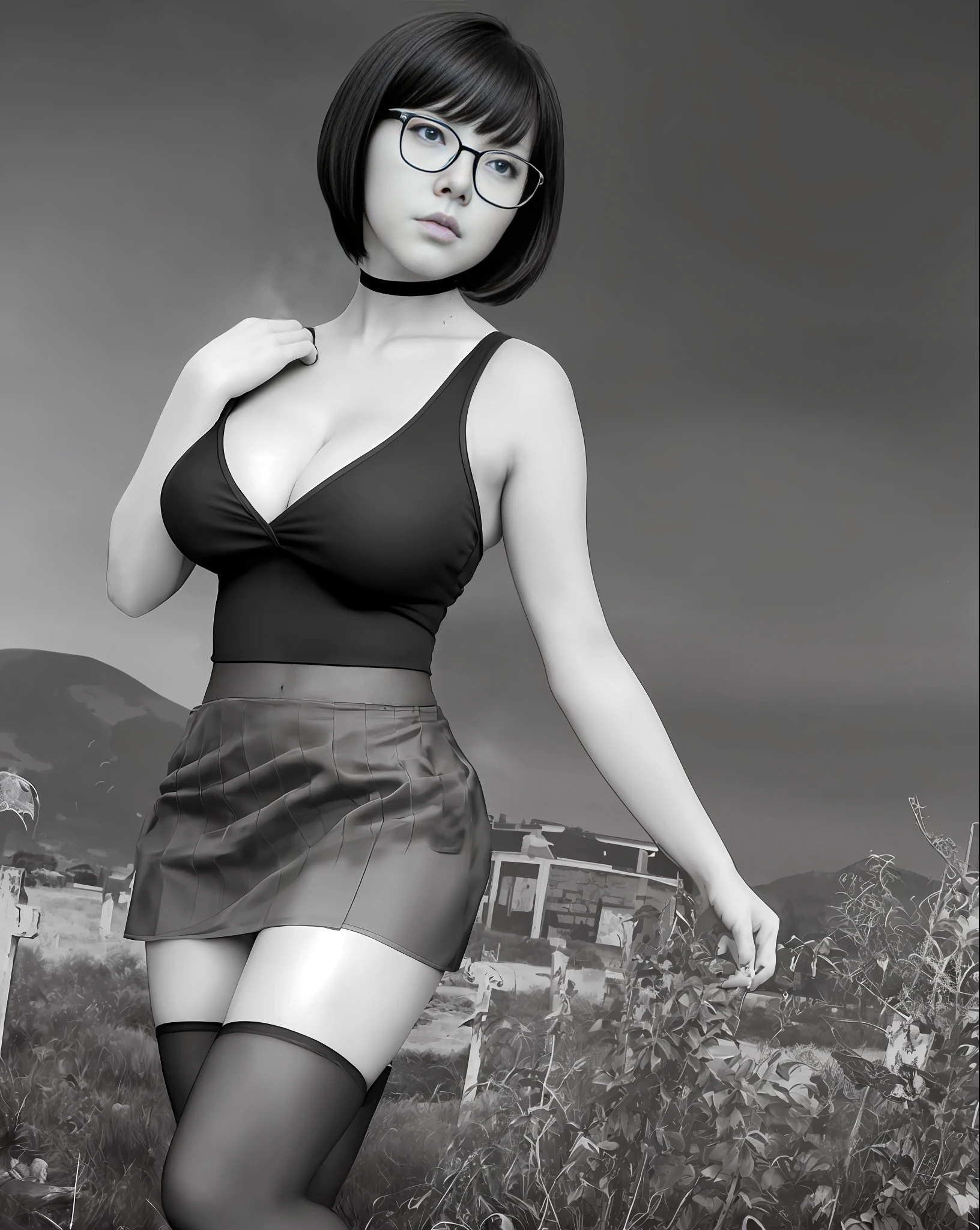 Real life anime girl, Velma from Scooby Doo anime, short black hair, orange tulle fabric blouse, very sensual, red high school skirt, posing for photo, large breasts without bra, submissive look, glasses, graveyard only background, cloudy night, climate of terror, suspense, full moon, (masterpiece, natural lighting, depth of field, wide-angle lens, ultra detailed and realistic photography) realistic style