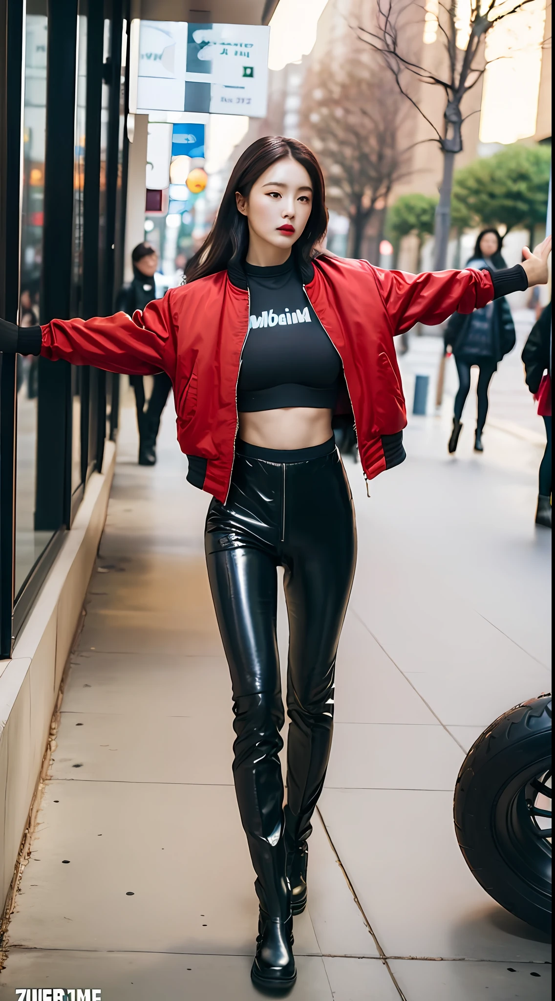 (a beautiful woman) in a wearing bra and( ( bomber jacket) (arm zip red lable))walking on the downtown (LA) with wear ((shine black tight sticky pant)),((timberland boot)), superflat, a colorized photo, Du Qiong, phuoc quan