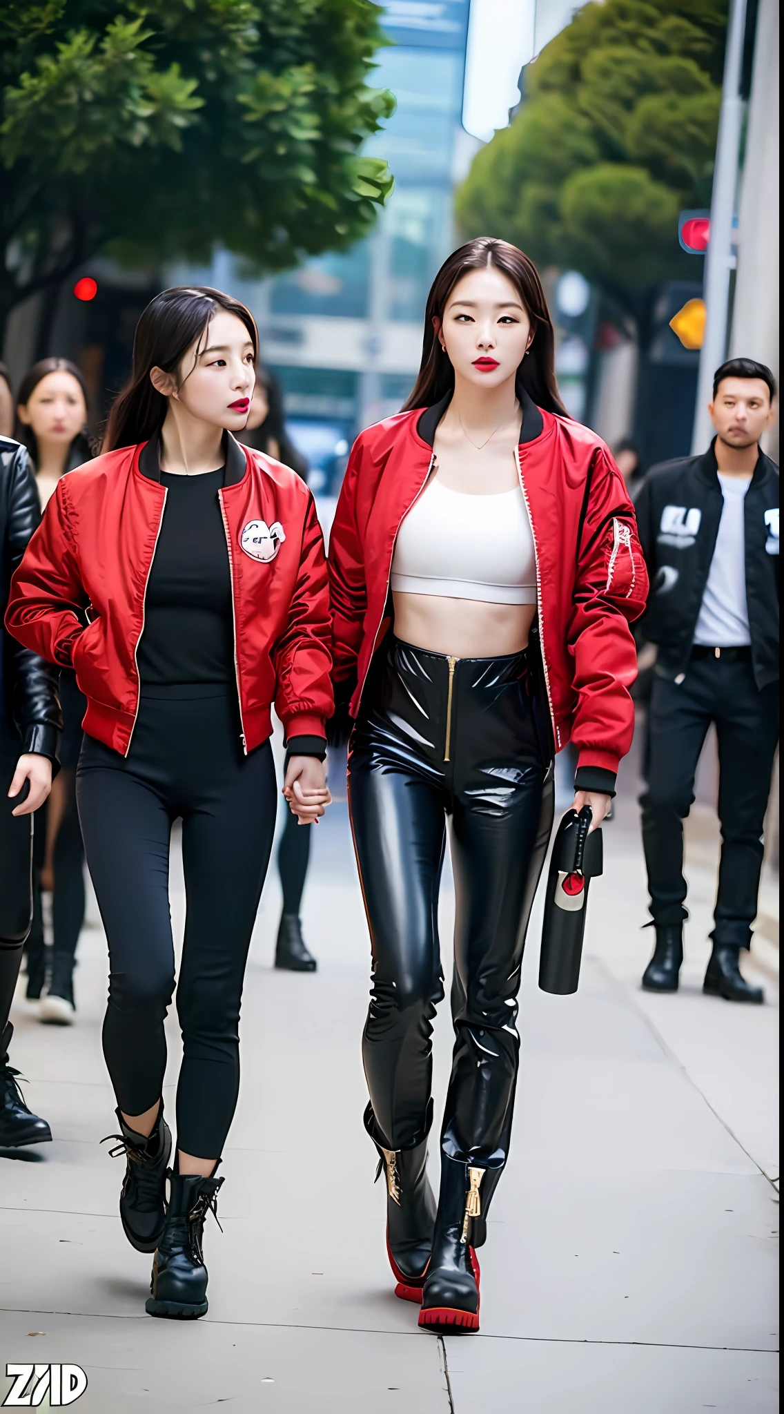 (a beautiful woman) in a wearing bra and( ( bomber jacket) (arm zip red lable))walking on the downtown (LA) with wear ((shine black tight sticky pant)),((timberland boot)), superflat, a colorized photo, Du Qiong, phuoc quan