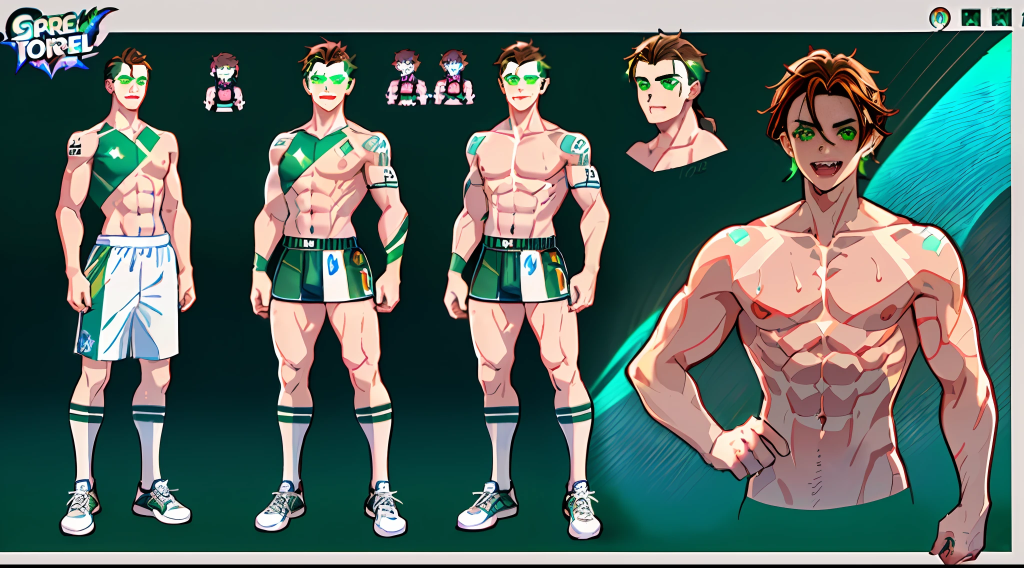 1boy, ((glowing green eyes)), brown hair, mullet hair, ((white stripes on hair)), ((sportswear)), ((naked torso)), perfect body, tattoos, ((fangs)), beautiful face, piercing, ((warm pallete)), ((sport outfit)), smiling, veins on hands, ((reference sheet)), 16 years old, concept art, official art, full body, multiple views, abs, 1character🥇💪🐍🦈🐲🌎🌊🍭🏊‍♂️🎮🧩🌠💎🔫💙