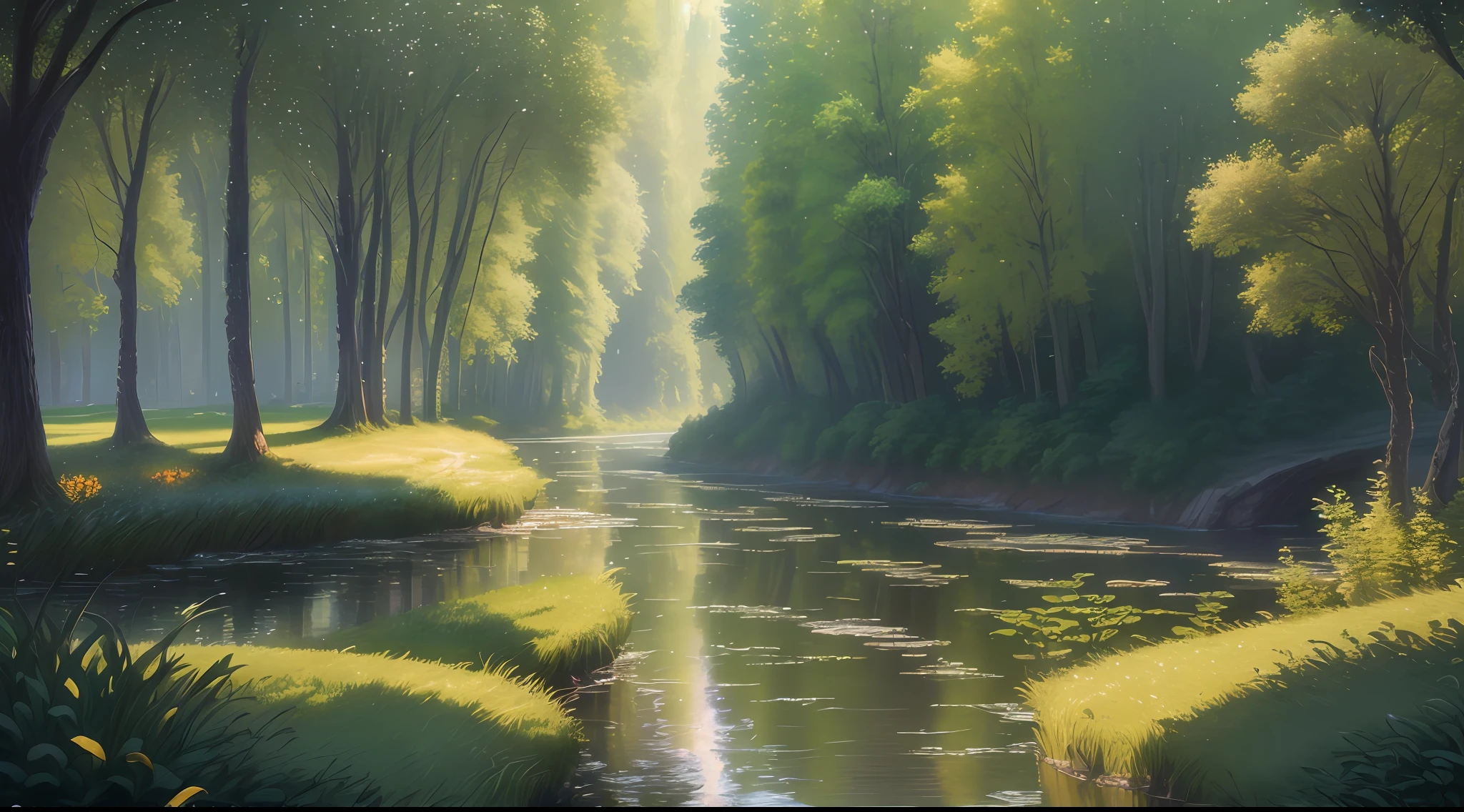 (Extremely detailed), an image of a majestic river, hovel, trees on the sides, small road, award-winning photography, chromatic aberration, detailed, HDR, Bloom, Monet style, Pissarro and Sisley, trend at ArtStation, trend at CGSociety, midjourney art