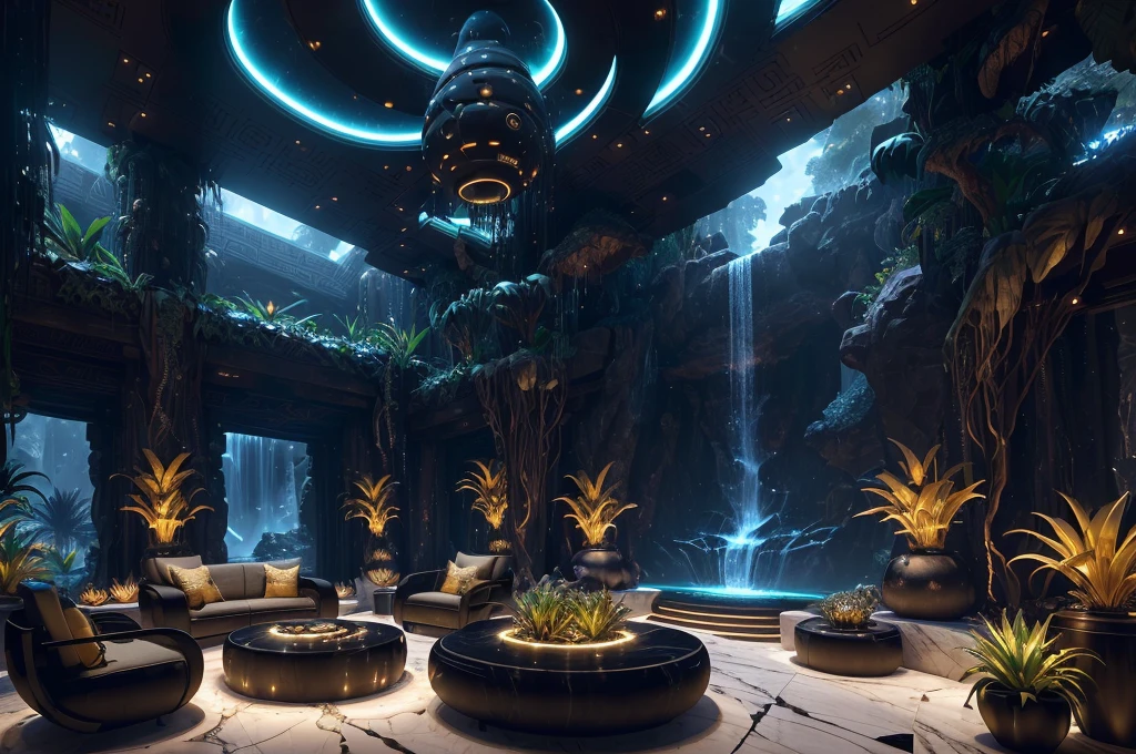 incredible black luxurious futuristic interior in Ancient Egyptian style with many (((lush plants))) (lotus flowers), ((palm trees)), rocky walls, ((sand)), ((waterfalls)), (marble), ((precious minerals)), ((metals)), (gemstones), crystals, clouds and ((water)), (futuristic luxury furniture), crocodiles, (hieroglyphics), (((ultra luxury))), (black marble) – with ((beautiful lights)), Unreal Engine, HQ, 16k