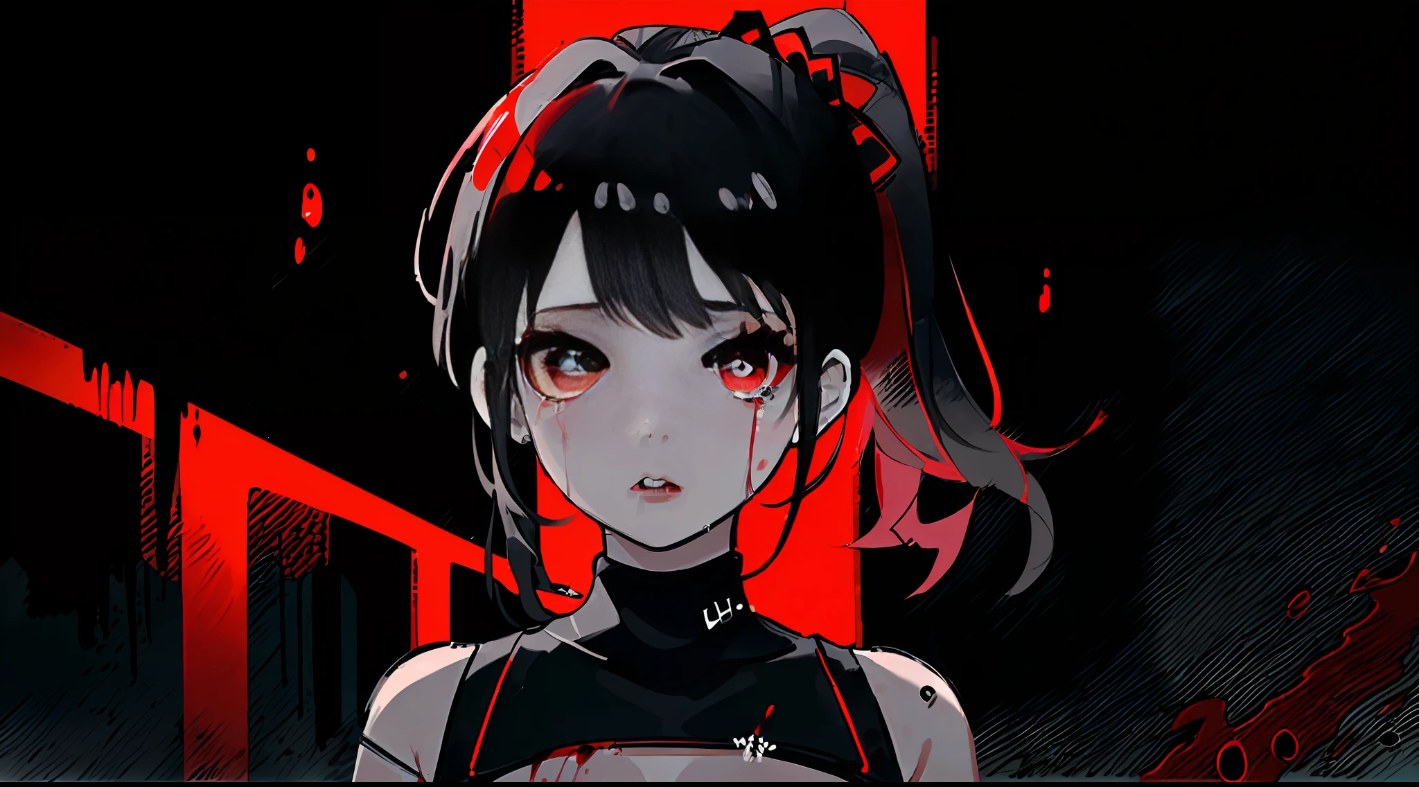 1girl, solo, thoughtful, thinking, heaviness, hard choice, abstraction, emotions, torment, guilt, closer view, looking at viewer, tears, ponytail, bikini, blood, knife, small pupils, ((red and black colors)), ((red and black palette)), (((noir))), (((noir style)), red lips, eyelashes