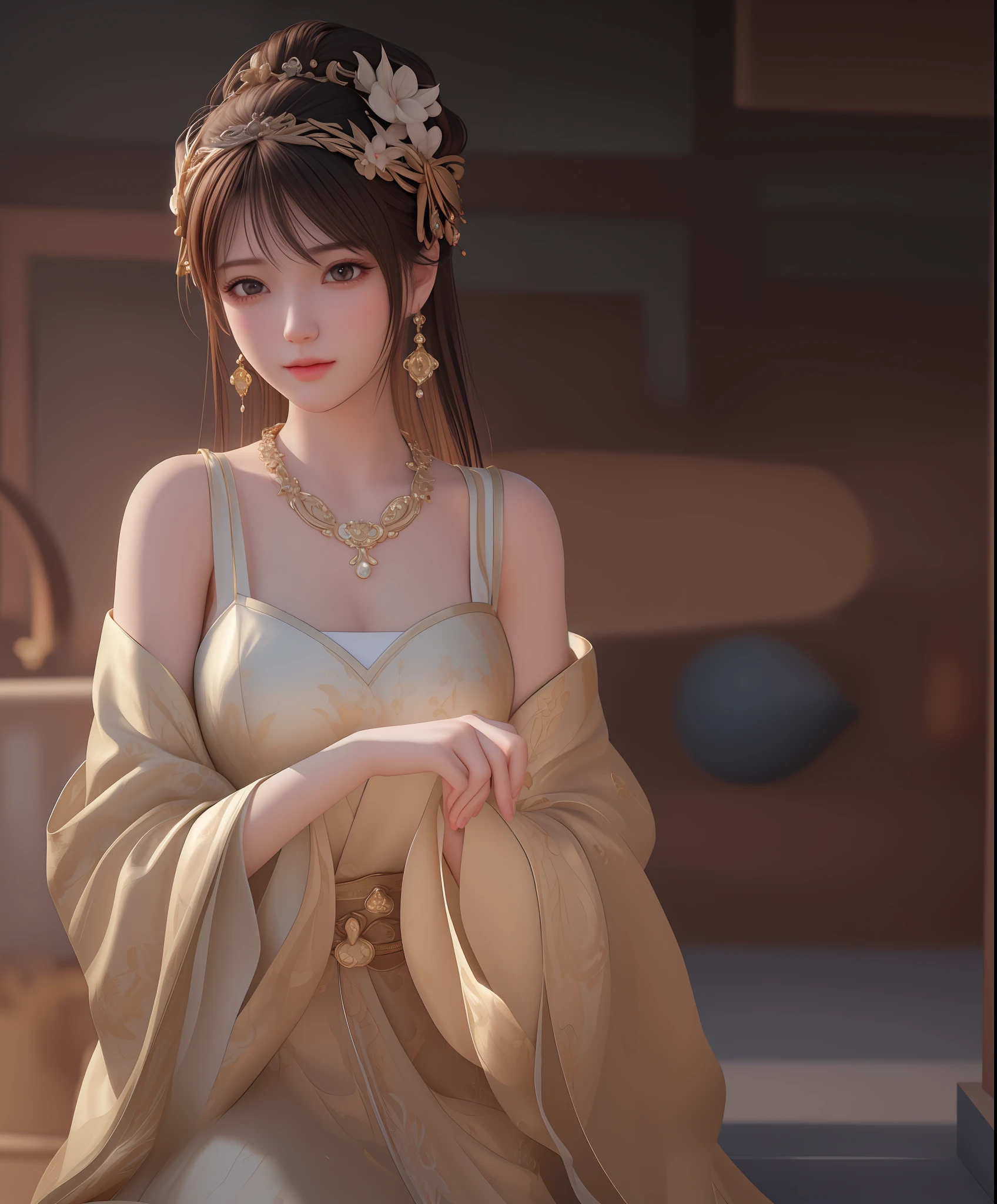 a close up of a woman with a necklace and earrings, 8k portrait render, 3 d render character art 8 k, 8k high quality detailed art, trending on cgstation, chinese girl, beautiful render of tang dynasty, 8 k cg render, soft portrait shot 8 k, chinese style, 8k octae render photo, photorealistic anime girl render