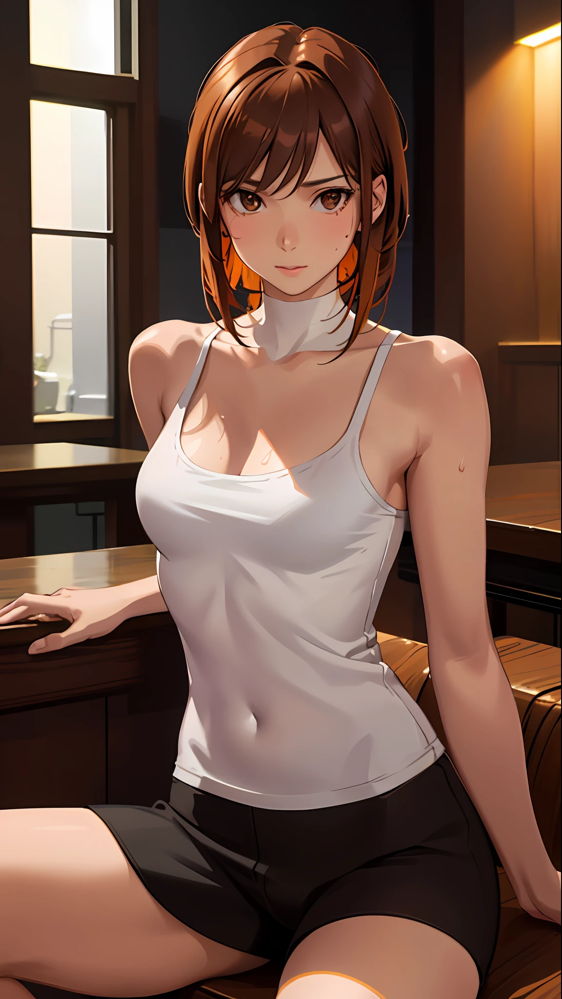 1girl, solo, anime girl in orange top, sitting in a bar, brown hair, brown eyes, masterpiece, best quality, realistic, hyper-detailed, bright skin, sweaty, slender, small breasts, , sfw, ecchi, sensual, shoulders showing, dynamic lighting, high resolution, sharp focus, depth of field