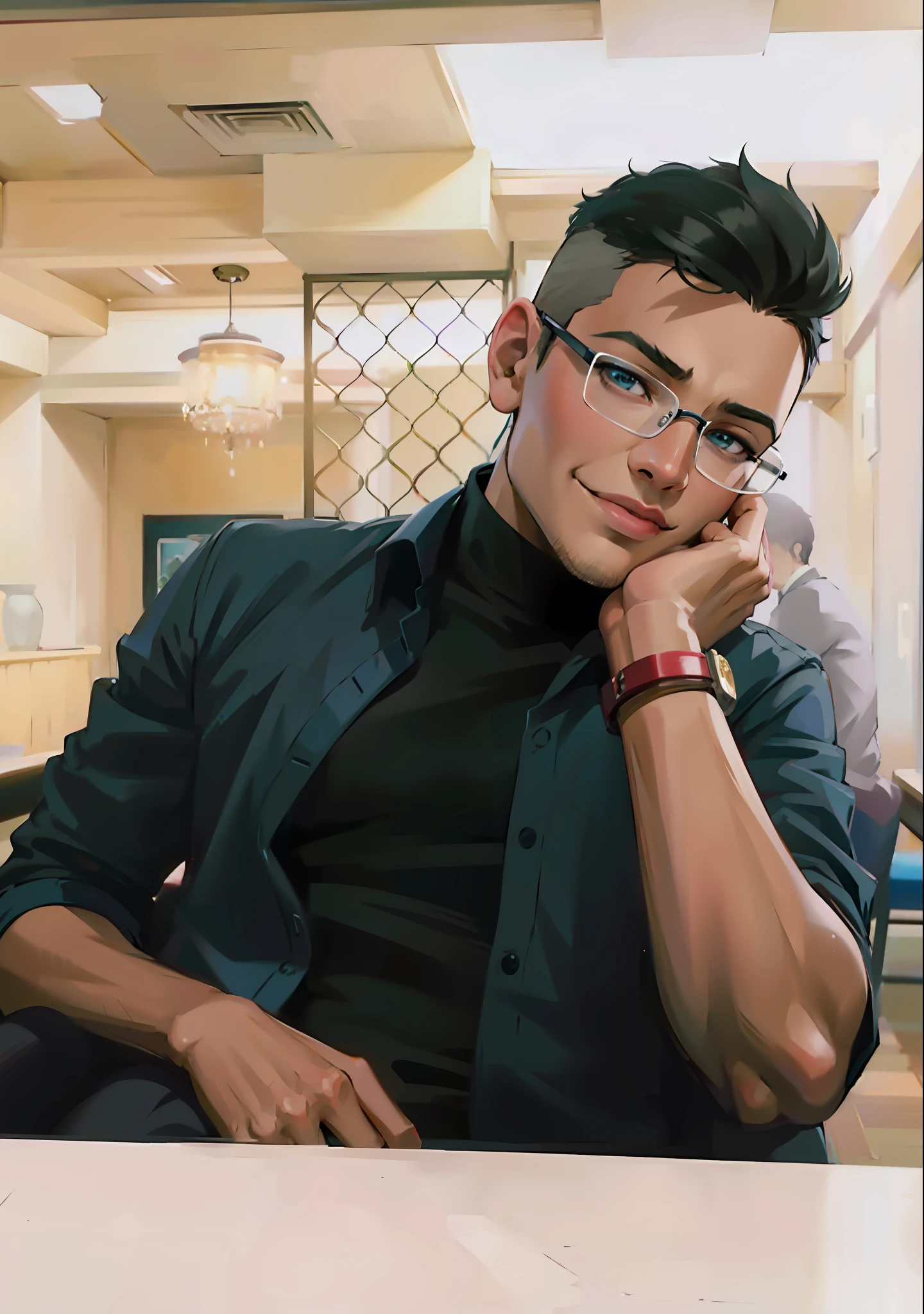 (masterpiece),(best quality:1.0), (ultra highres:1.0), detailed illustration, 8k, anime, 1boy, sitting, hand on cheek, young anime boy, slightly smiling, detailed face, black eyes, anime eyes, perfect eyes, looking at the camera, glasses, blue shirt, open shirt, black turtle neck, restaurant background, highly detailed, anime style