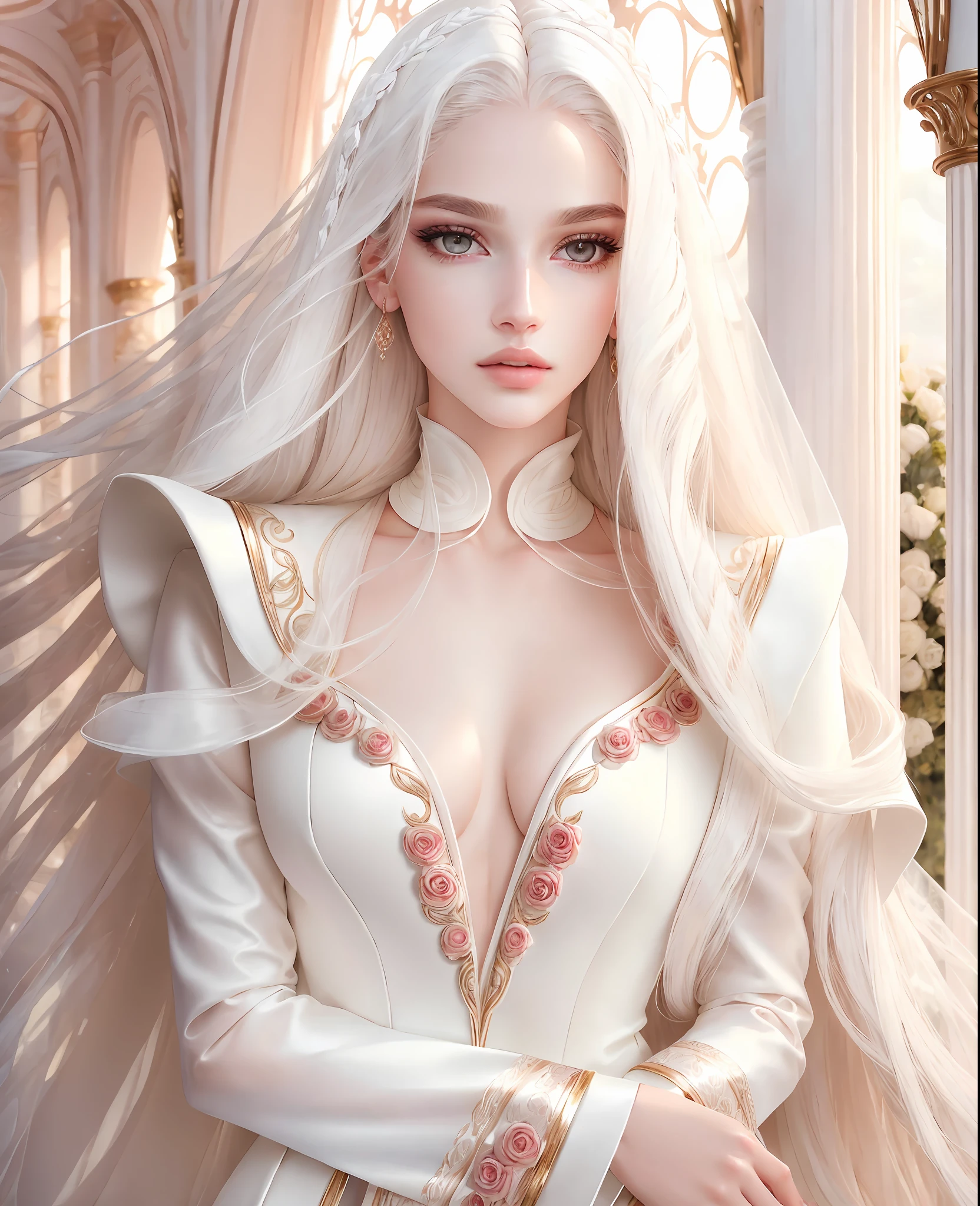 a male,female fashion shoot, masterpiece, highest quality, (perfect face:1.1), (high detail:1.1), (highly detailed eyes:1.1). romantic setting, dramatic, (pale skin), long white hair, white eyes, white eyebrows, long hair, white hair, red eyes, white luxury suit, white dress, pouty lips, fur, luxury detailed background, soft lighting, rose petals, big breasts
