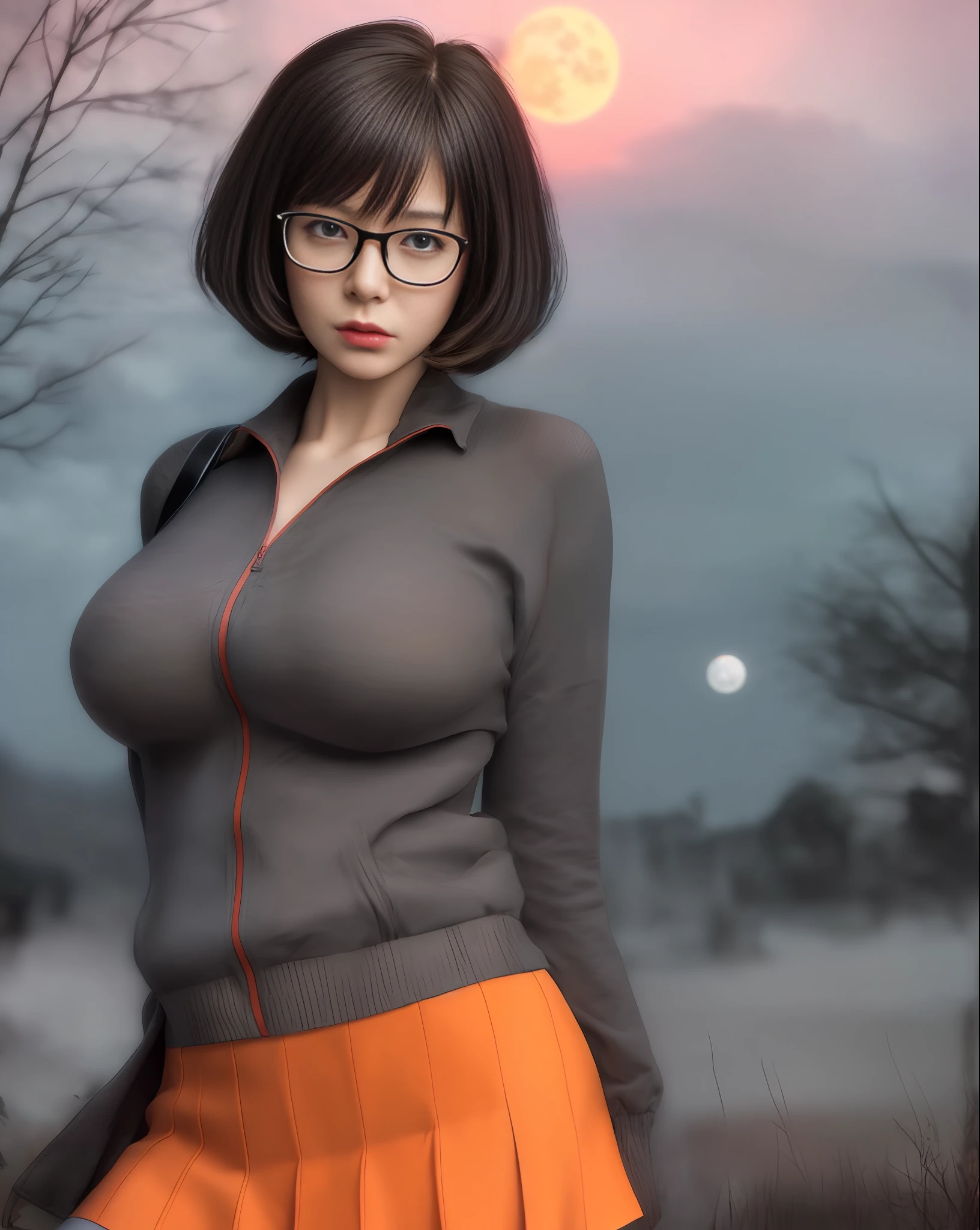 Real life anime girl, Velma from Scooby Doo anime, short black hair, short orange blouse, very sensual, red high school skirt, posing for photo, big breasts, submissive look, glasses, graveyard only background, cloudy night, horror weather, suspense, full moon, (masterpiece, dramatic lighting, depth of field, wide-angle lens, ultra detailed and realistic photography) realistic style