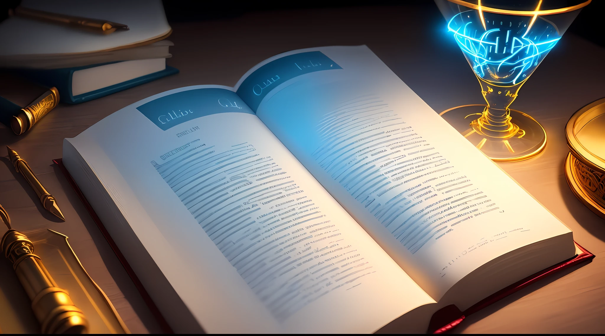 Create a beautiful Christian Bible, golden letters, ne a glass table with neon lights, coming out power of bible lights like blue lightning, high quality images, ultra realistic details, illustration style.
