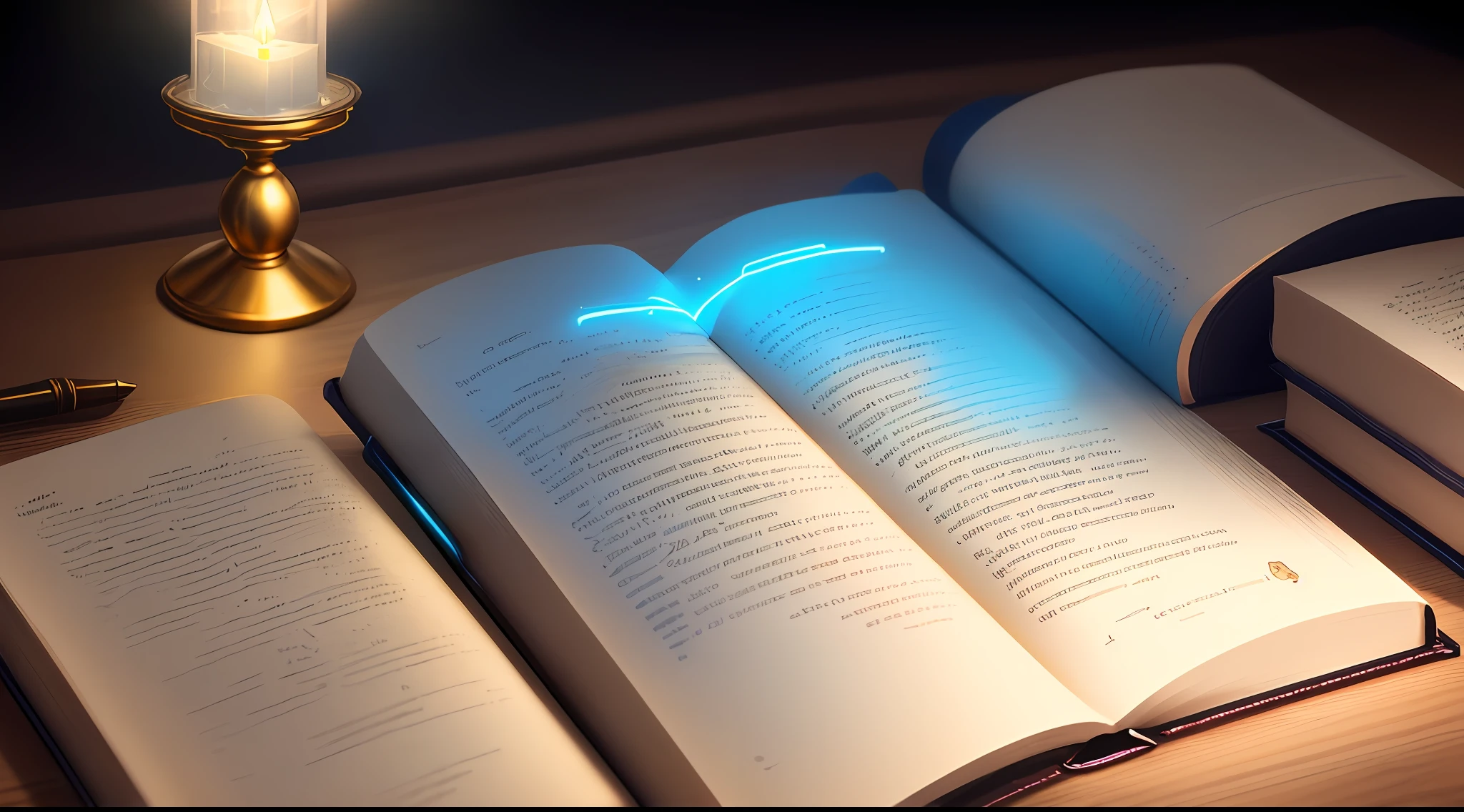 Create a beautiful Christian Bible, golden letters, ne a glass table with neon lights, coming out power of bible lights like blue lightning, high quality images, ultra realistic details, illustration style.
