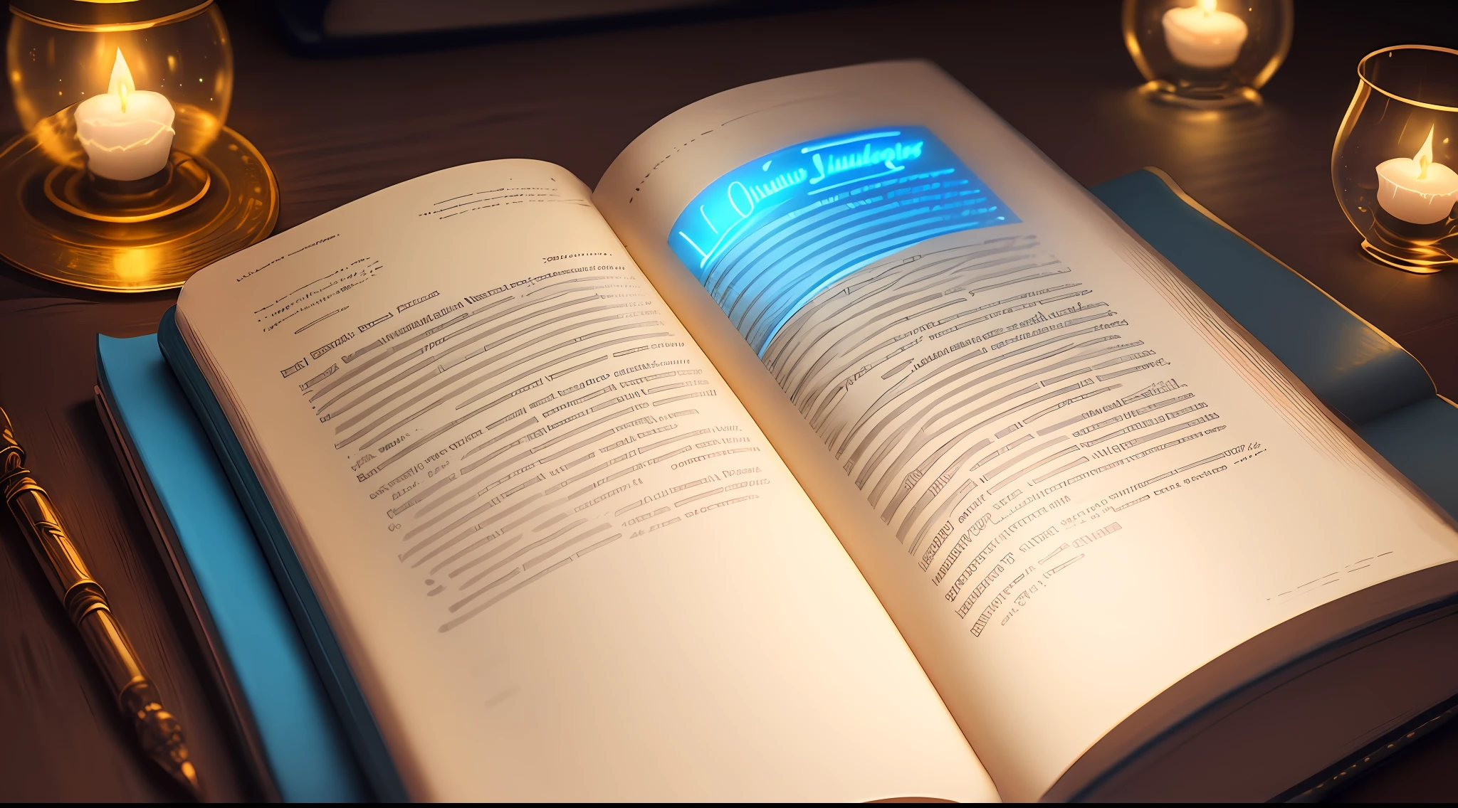 Create a beautiful Christian Bible, golden letters, ne a glass table with neon lights, coming out power of bible lights like blue lightning, high quality images, ultra realistic details, illustration style.