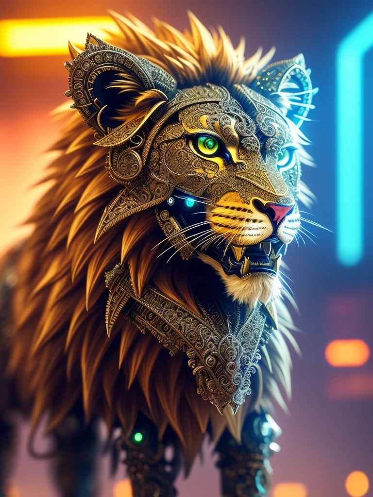 Cute lion made of metal, cyborg, cyberpunk style, (((intricate details)), hdr, (((intricate details, hyperdetailed))