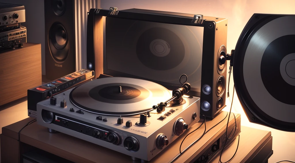 Realistic cinema image, DJ on the record player, in the background lines circling the body