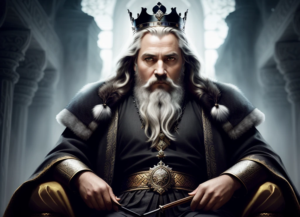 arafed image of a man with a crown sitting on a throne, medieval old king, portrait of a medieval old king, portrait of medieval old king, great king of stovokor, the white king, portrait of emperor of mankind, portrait of a king, painted portrait of rugged odin, viking king, tuomas korpi and wlop, greybeard