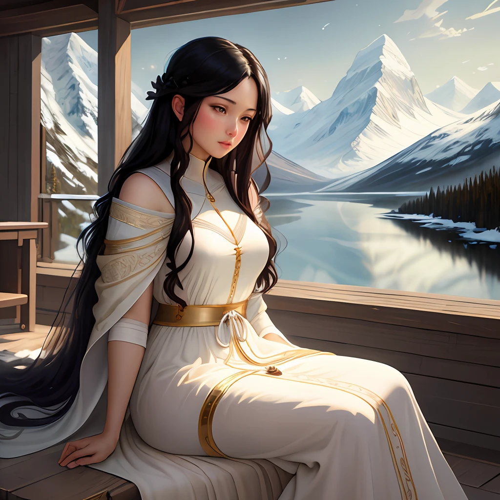 Masterpiece, best quality, amazing image 8k CG scenery, best image quality, Wlop style, Greg Rutkowski and Sandro Botticelli, of a beautiful woman, with long straight black hair, white skin, wearing medieval antique robes, neutral pastel colors, intensely delicate artistic movement, ordinary abstract luminosity regularly simple and low, landscape scenery against the background of Alaskan mountains,  in a beautiful oil painting.
