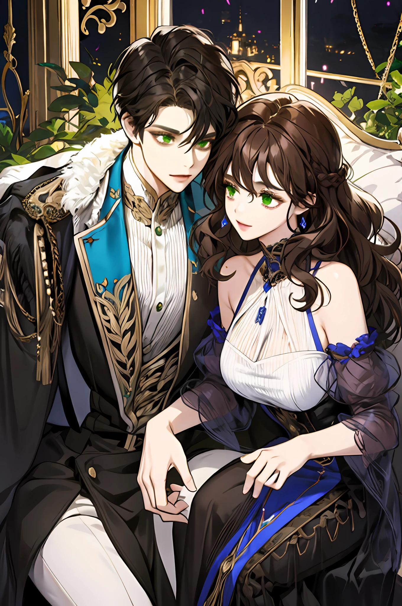couple, girls in love, curly brown hair and straight black with fringe, difference in stature, green and gold eyes, two women, lesbian couple, fantasy, dressed in white, purple and black, dressed in blue, she an angel and the other a slightly obsessive lover who confines her in her mansion